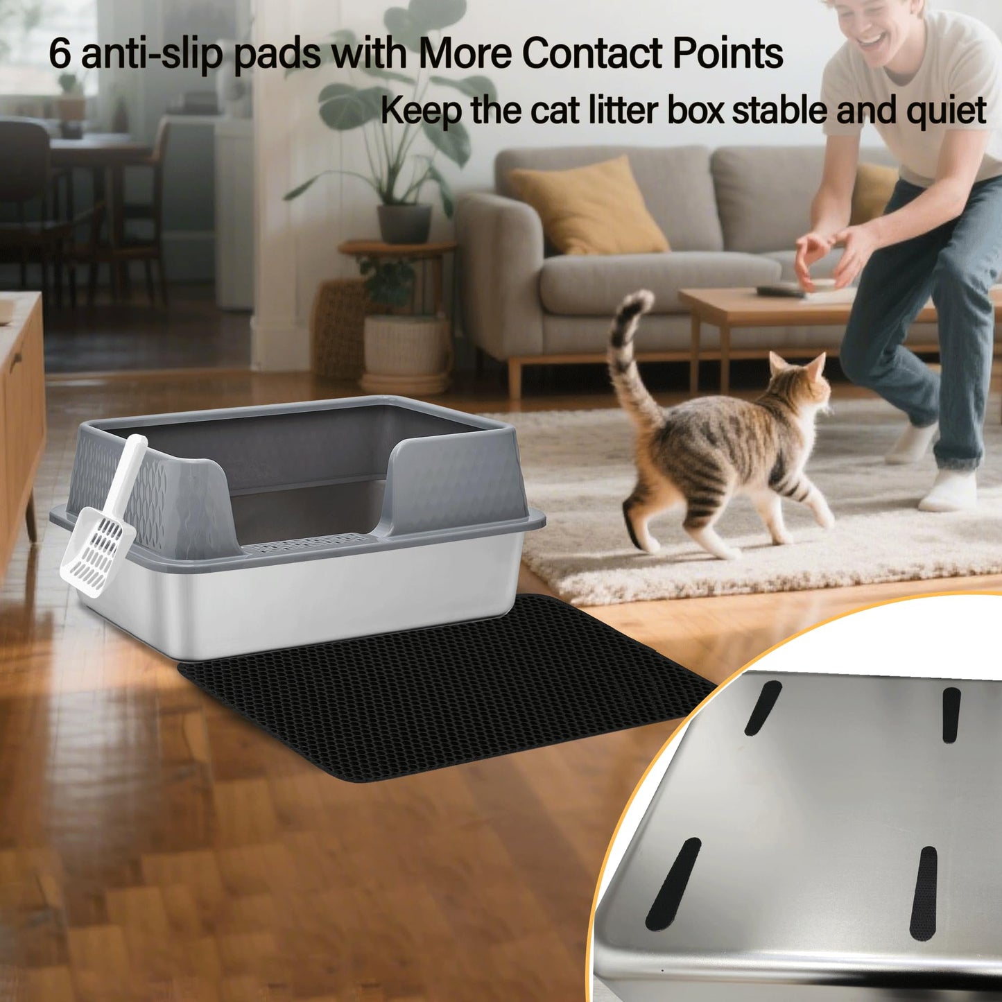 Kittenhood Low Entry Enclosed Stainless Steel Cat Litter Box with Lid Scoop and Pads, 50cm* 35cm* 20cm Grey Standard Easy Clean Metal Kitty Kitten Litter Box