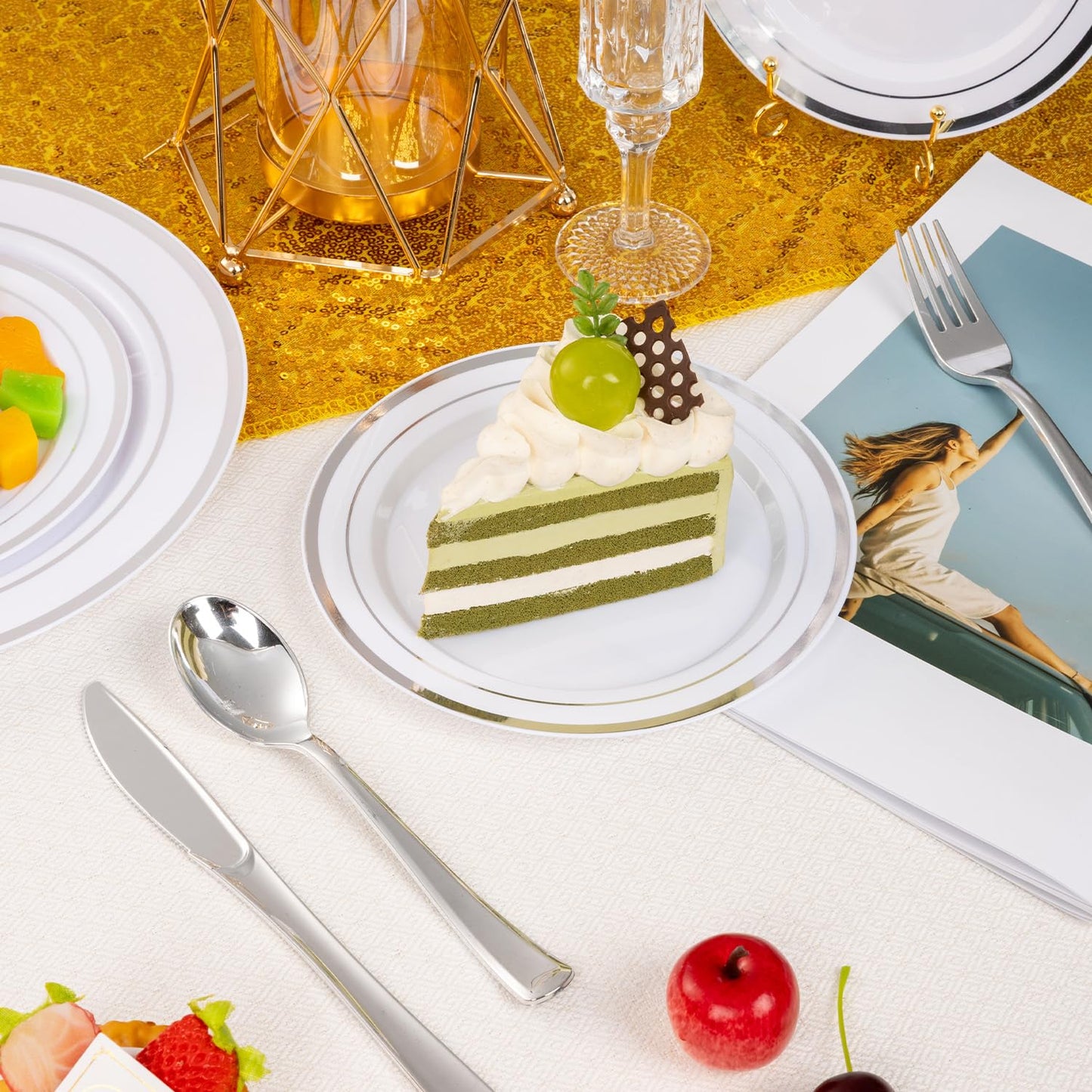 BESTSTAR 7 Inch White Plastic Plates,100PCS Disposable Dessert/Appetizer/Small Cake Plates with Silver Rim,Heavy Duty Plate Ideal for Wedding and Birthday