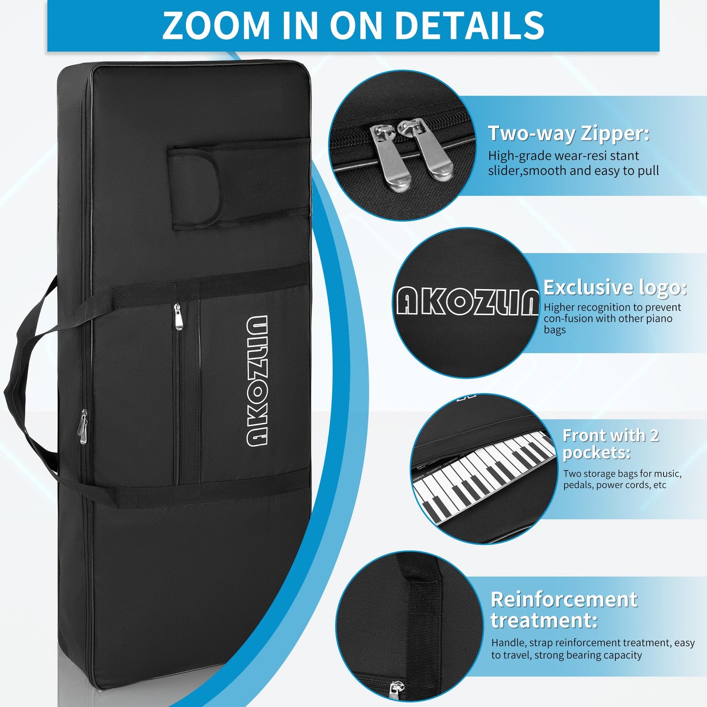 AKOZLIN 61 Keys Keyboard Case Portable Electric Keyboard Piano Gig Bag 600D Oxford Cloth Size 40"× 6"×16", Black