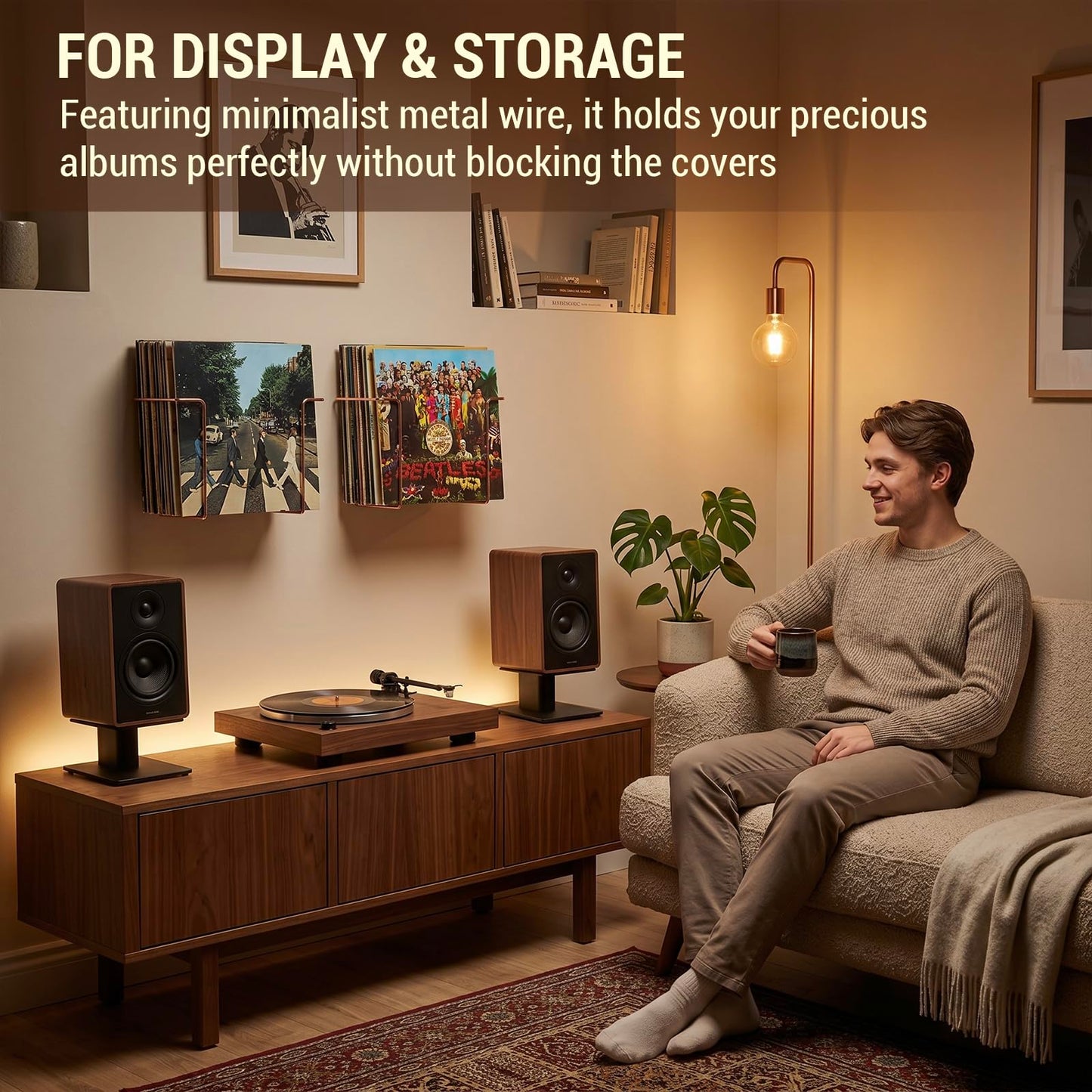 MyGift Modern Metal Wire Wall Mounted Vinyl Records Storage Racks, Hanging LP Record Holders, Floating Album Cover Display Shelves, Set of 2 (Modern Copper-2 Pcs)