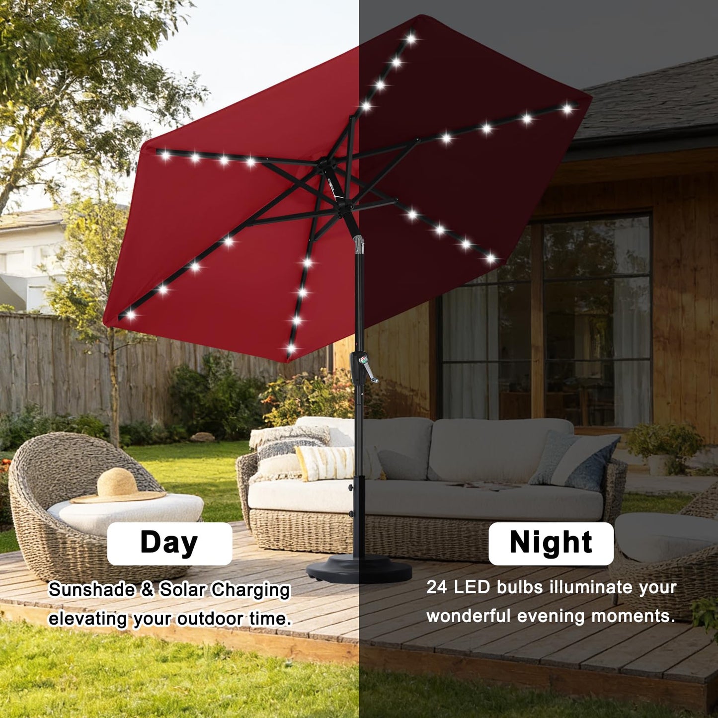 ABCCANOPY Durable Solar Led Patio Umbrellas with 24LED Lights 7.5FT with 6 Sturdy Ribs(Burgundy)