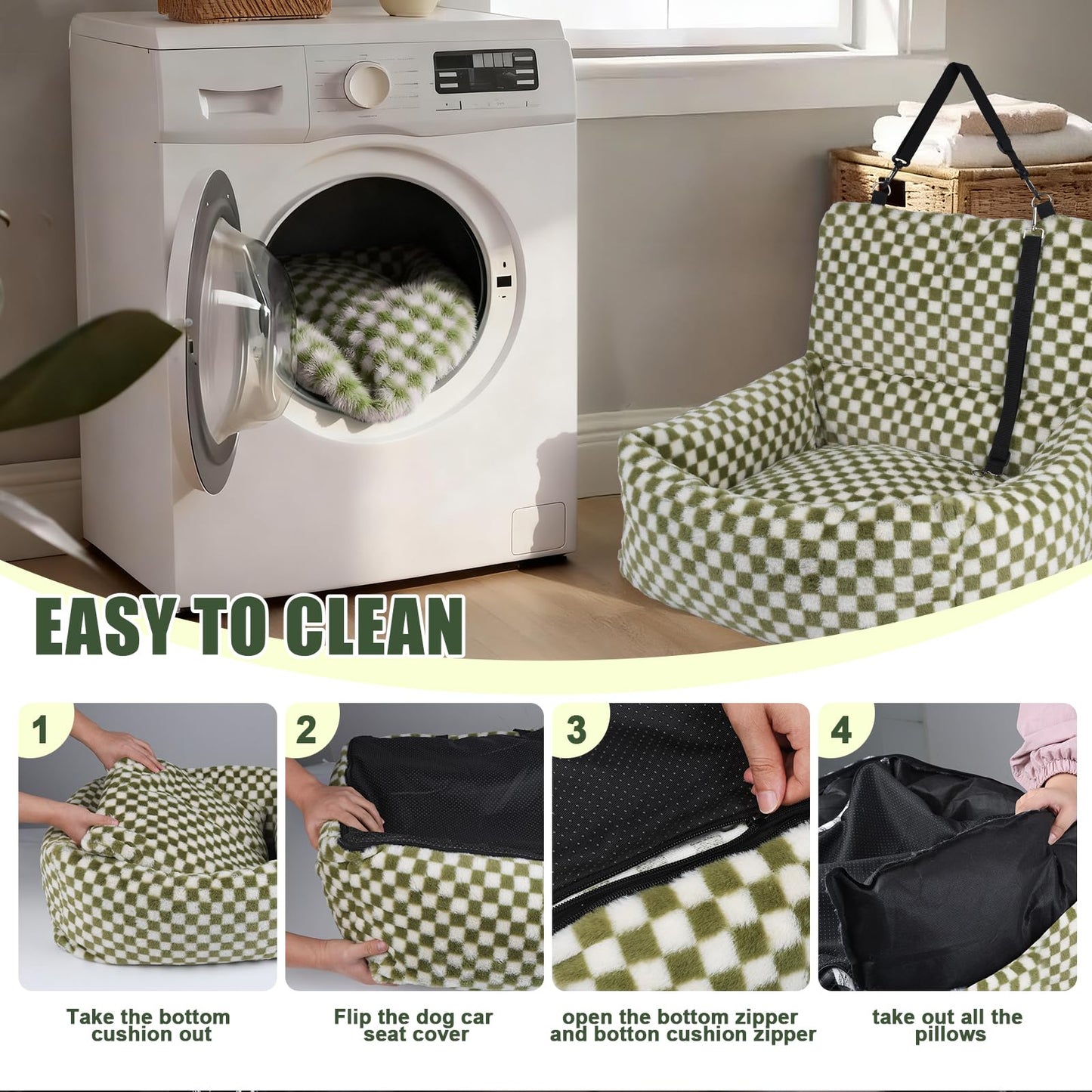 2-in-1 Dog Car Seat for Small Medium Dogs,Detachable Washable Dog Booster Car Seat with Thick Cushion for Dogs Up to 30lbs,Comfortable Soft Dog Bed for car with Safety Belts,Green