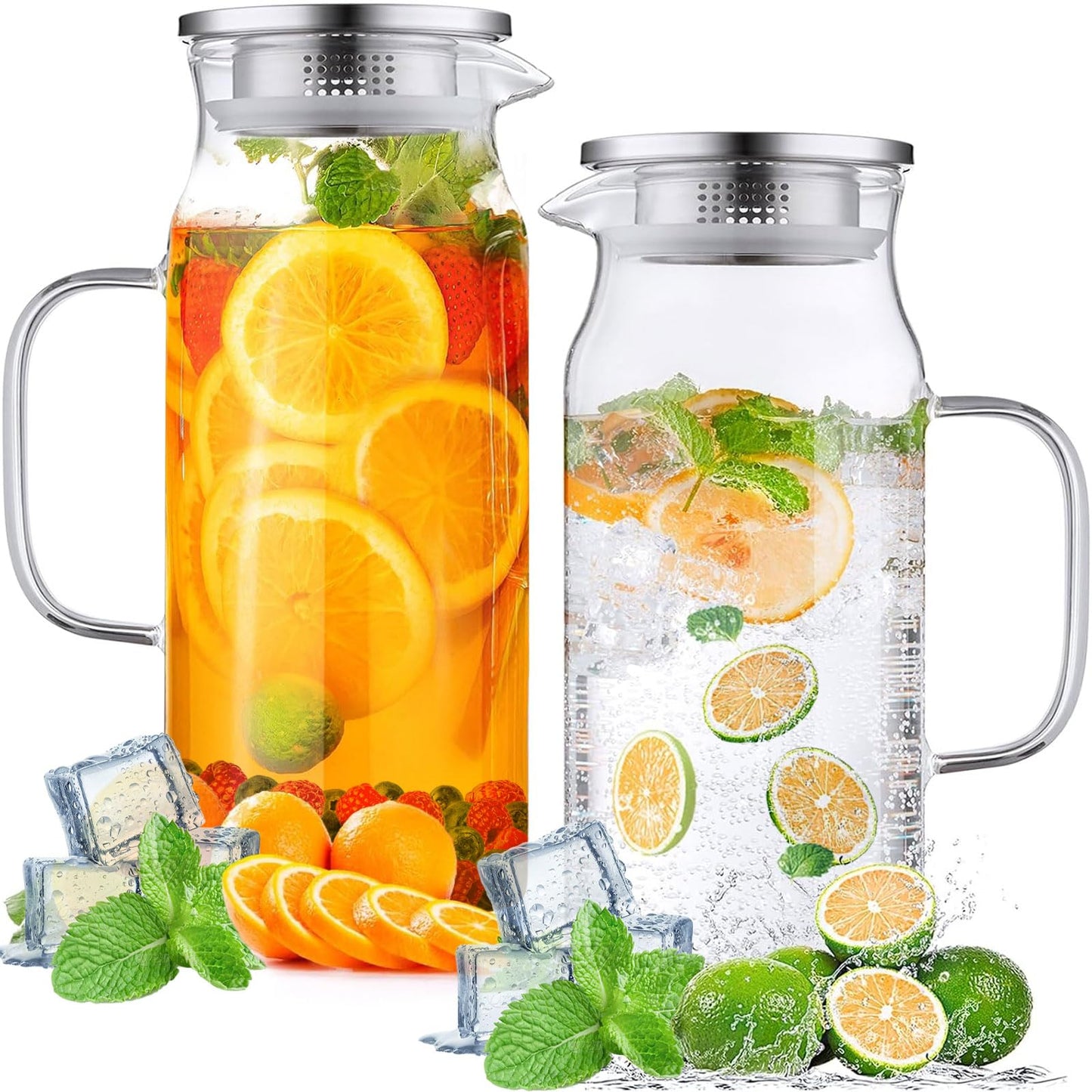 Wexlerey 2 Pack 2 Liter/68 oz Glass Pitcher with Lid and Spout,Wide Mouth Water Pitcher with Handle Heat Resistant,Glass Water Jug Carafe Juice Container for Hot/Cold Drink,Iced Tea,Milk,Coffee