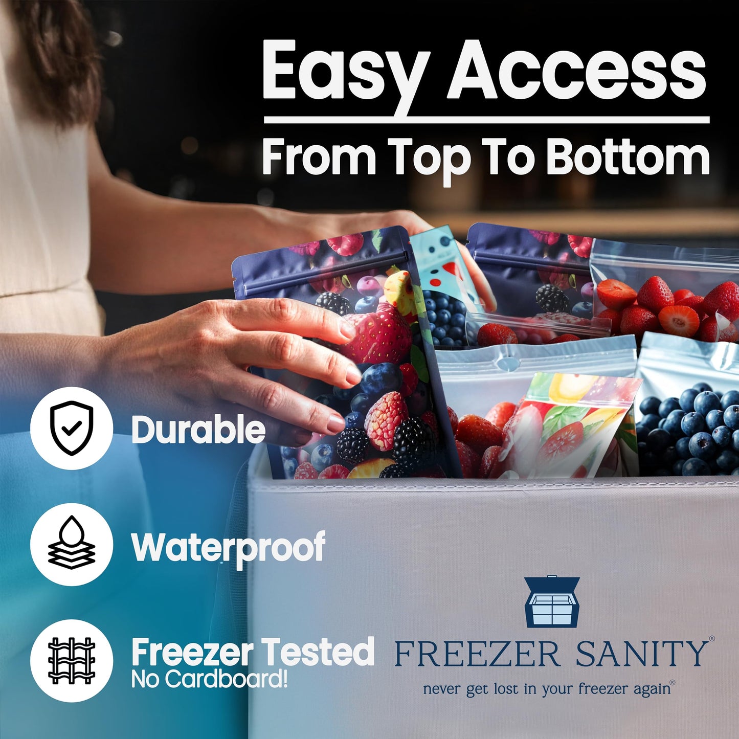 FREEZER SANITY Collapsible Freezer Organizer Bins - Stackable Storage Organizers with Custom Dividers, Handles, Ideal for Chest Freezers, Heavy-Duty, Water-Resistant (2 Pack Regular 15x14x9)