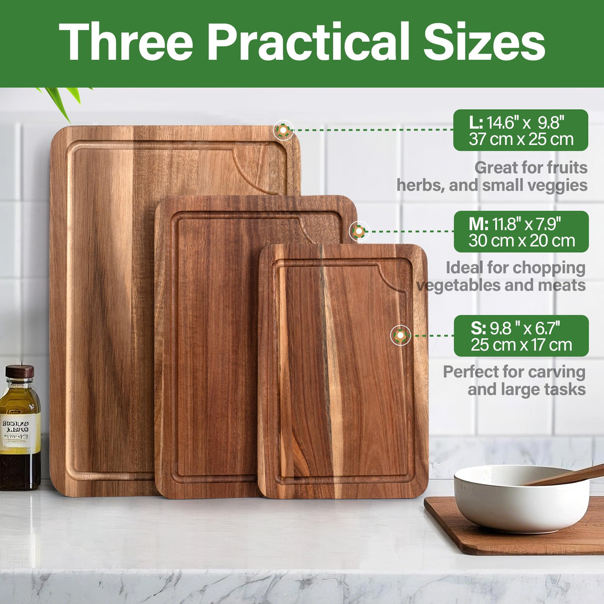 Wood Cutting Board for Kitchen, Wooden Cutting Board Set of 3 with Juice Groove, Double-Sided Chopping Board Serving Board for Meat, Vegetables and Cheese