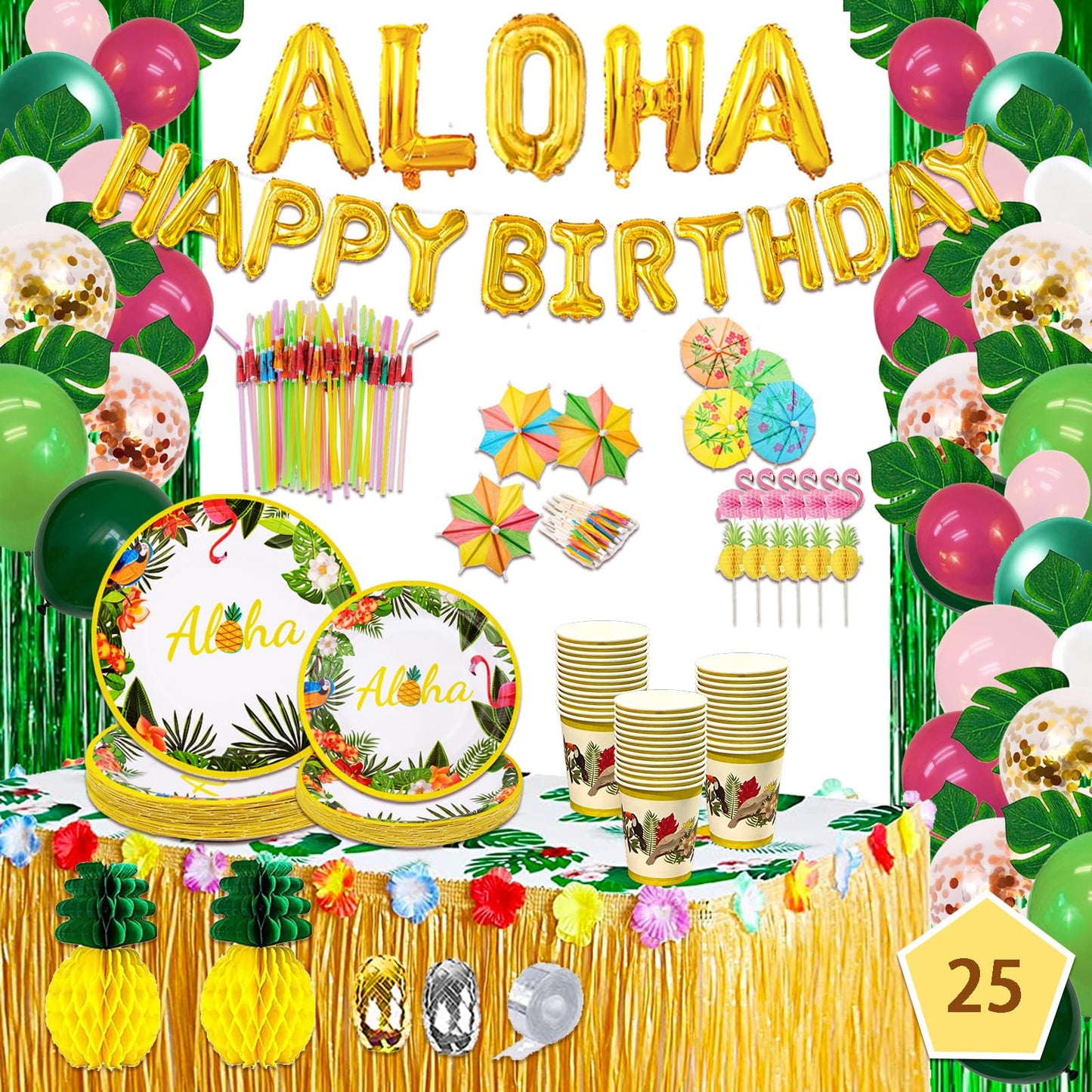 239 Pcs Luau Party Decorations, Hawaiian Party Decorations Kit For Adults - "ALOHA"&"HAPPY BIRTHDAY" Banner, Balloons, Cake Topper, Straws, Table Skirt, Dinnerware Set For 25 Guests