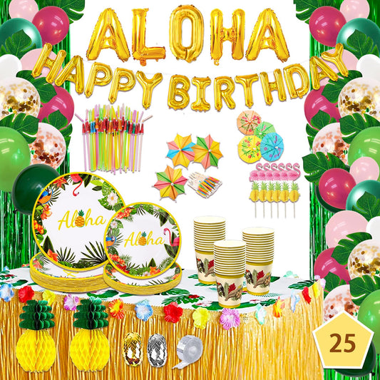 239 Pcs Luau Party Decorations, Hawaiian Party Decorations Kit For Adults - "ALOHA"&"HAPPY BIRTHDAY" Banner, Balloons, Cake Topper, Straws, Table Skirt, Dinnerware Set For 25 Guests