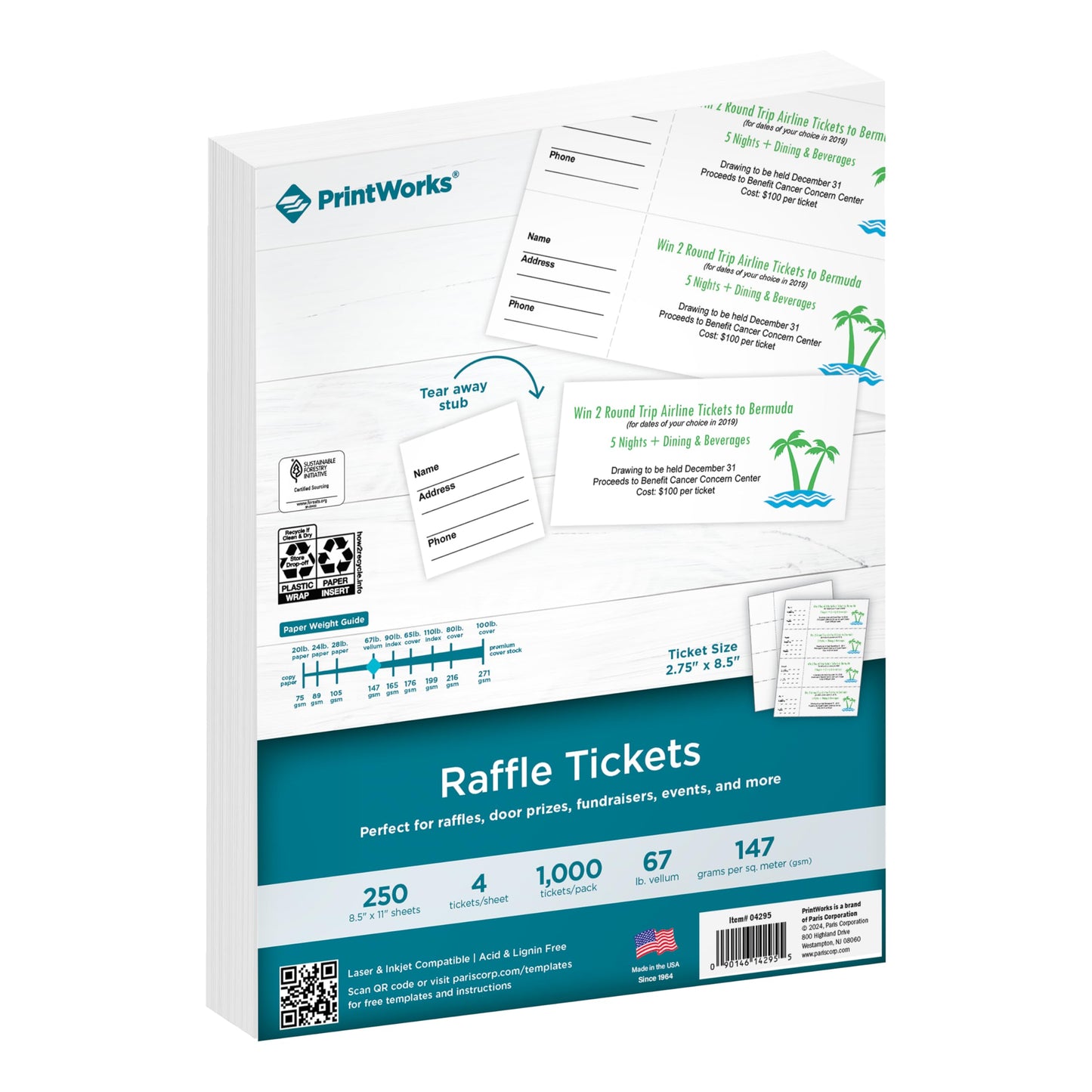 PrintWorks Printable Raffle Tickets with Tear-Away Stubs for Events & Fundraisers - 1000 Custom Tickets (Size 2.75" x 8.5") - 4 per Sheet - 250 Sheets (8.5" x 11") - Made in the USA - White (04295)