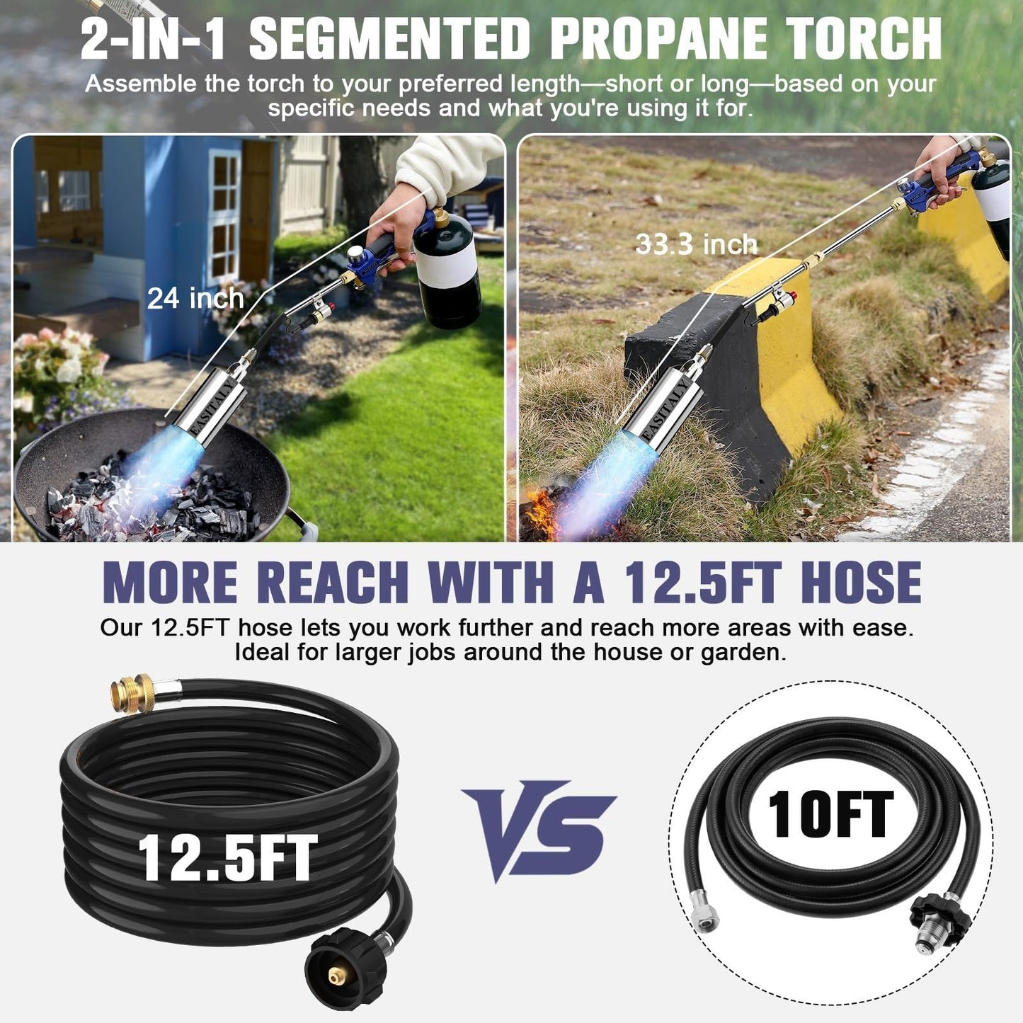 Propane Torch Weed Burner Kit,High Output with 12.5FT Hose,Heavy Duty Blow Torch Flamethrower with Long/Short Mode for Flame Weeding, Ice Snow Melting, Asphalt & BBQ(33.3")