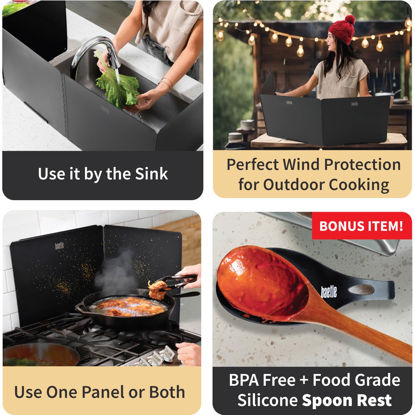 Extra Large Foldable Stainless Steel Oil Splash Shield for Stove Top & Frying, Heavy-Duty Nonstick Stove Backsplash Protector [Set of 2 with 2 Panels Each - 15.7” x 15.7”] with Spoon Rest.