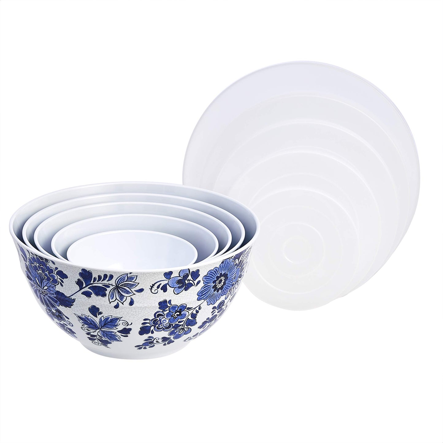 Amazon Basics 10-Piece Mixing Bowl Set with Lids - Non-Slip Base, Blue and White Floral