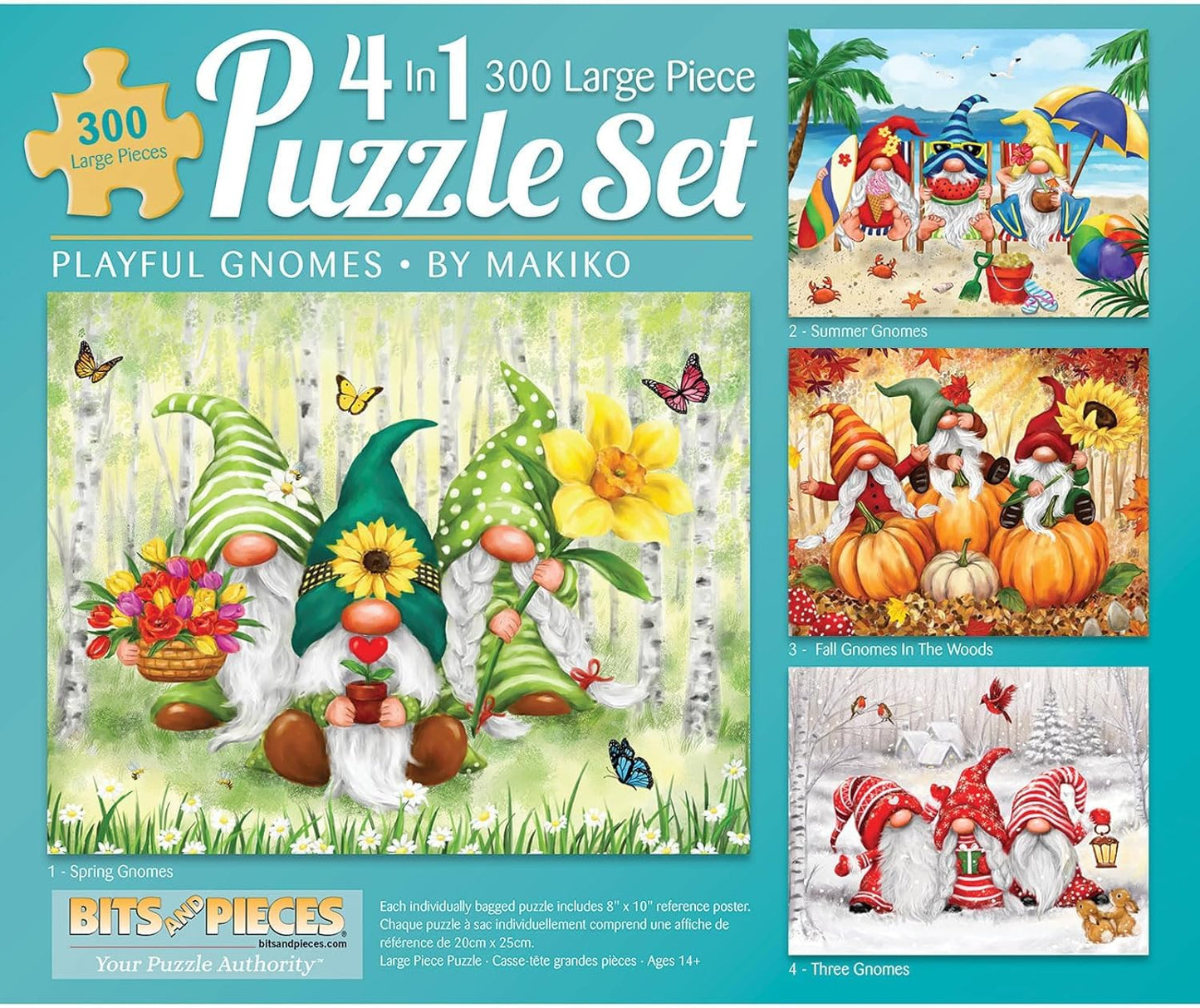Bits and Pieces - 4-in-1 Multi-Pack 300 Piece Jigsaw Puzzles for Adults - 300 pc Large Piece 'Playful Gnomes' Puzzle Set Bundle by Makiko - 16" x 20" (41cm x 51cm)