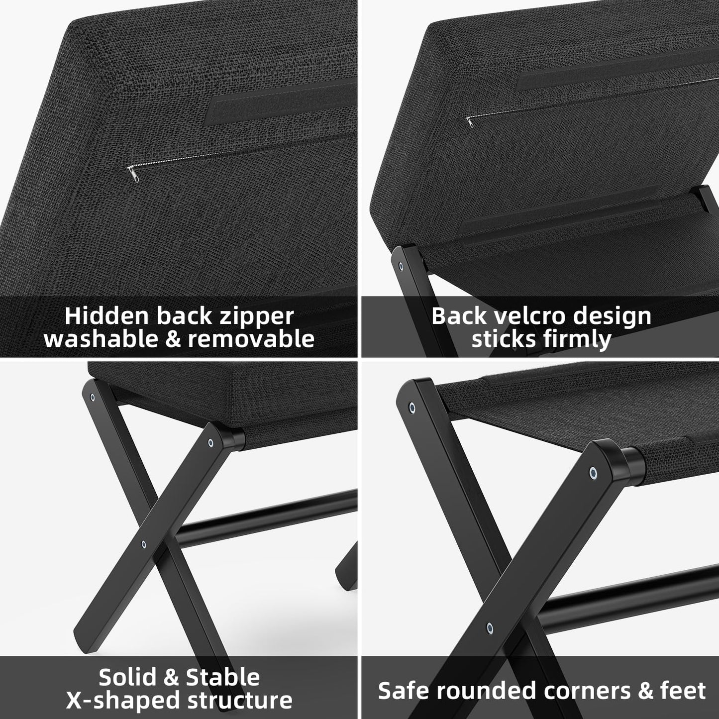 BAMBOOHOMIE Foldable Foot Stool Ottoman, Modern Foot Rest with Bamboo X Legs & Thick Foam Cushion, Folding Foot Stools Small Padded for Bedroom Living Room, Makeup Vanity Stool Chair (Black - Black)