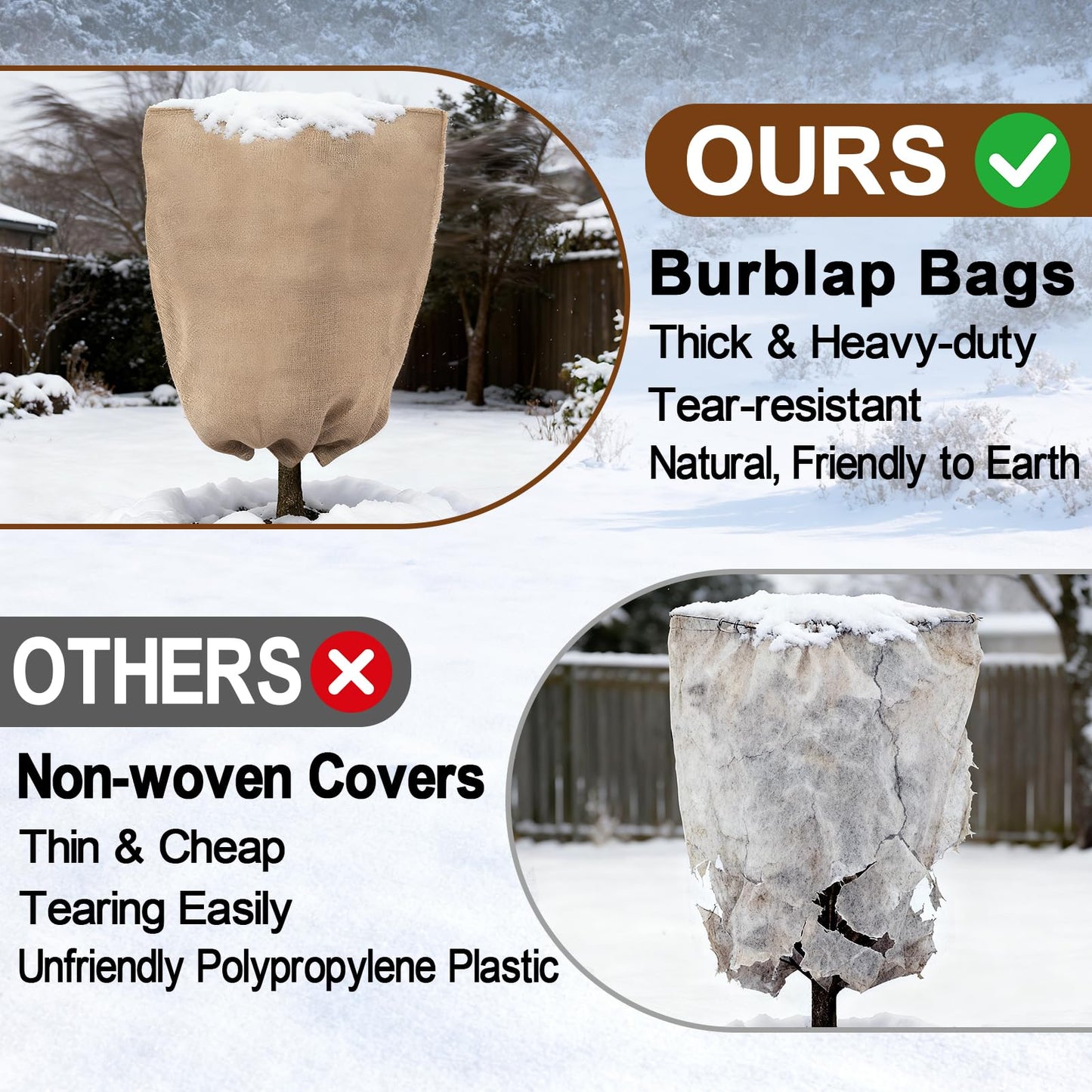 ANPHSIN Burlap Plant Covers Freeze Protection for Patio Winterizing - 2pcs 24"×40" Winter Frost Protector with Drawstring, Reusable Tree Freeze Blanket for Garden Bushes