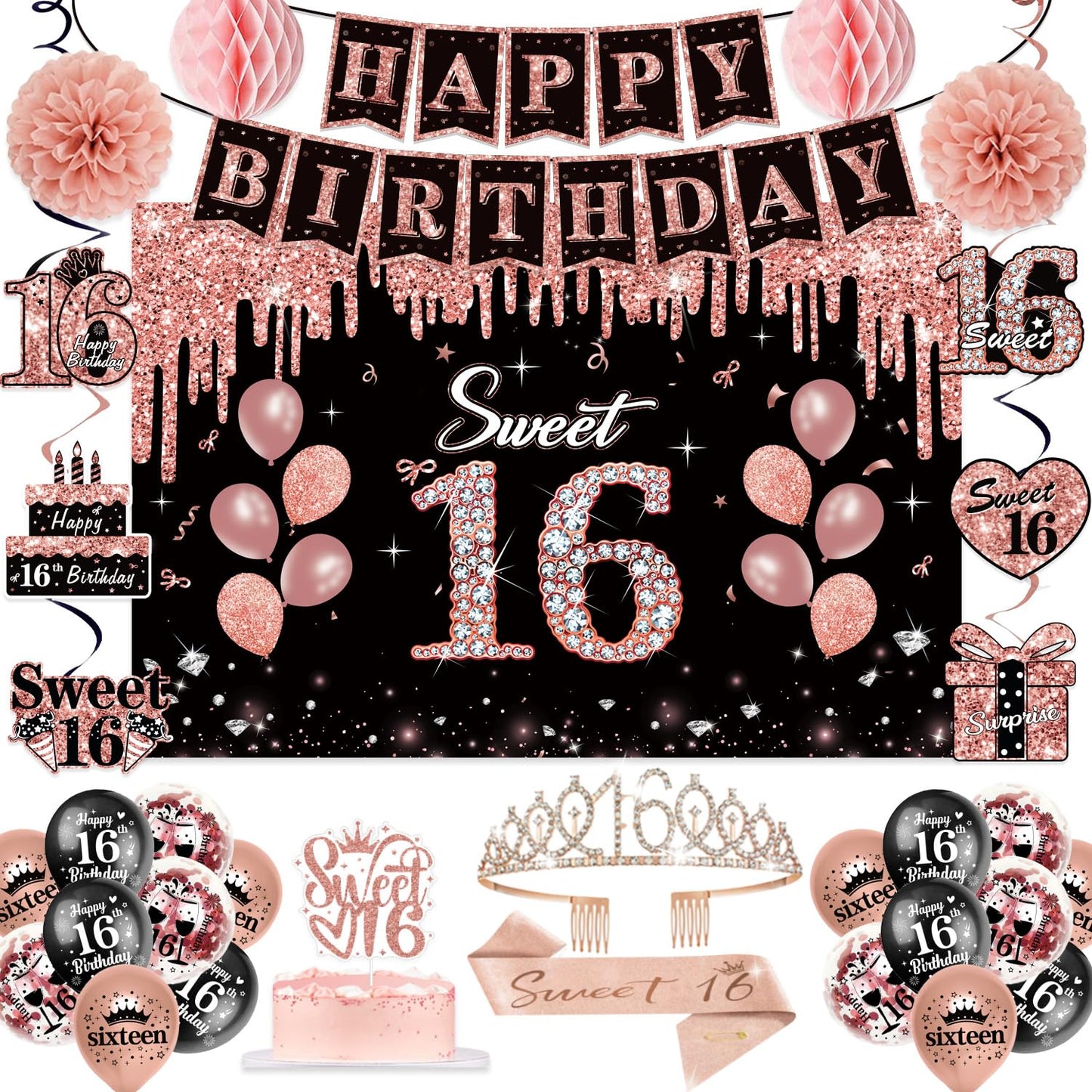 50PCS Sweet 16 Birthday Decorations for Girls, 16th Bady Crown and Sash Set, Rose Gold and Black Banner, Cake Topper, Balloons, Swirl, Pom Poms, Backdrop Decor, Happy Sixteen Party Supplies.