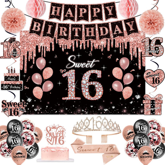 50PCS Sweet 16 Birthday Decorations for Girls, 16th Bady Crown and Sash Set, Rose Gold and Black Banner, Cake Topper, Balloons, Swirl, Pom Poms, Backdrop Decor, Happy Sixteen Party Supplies.