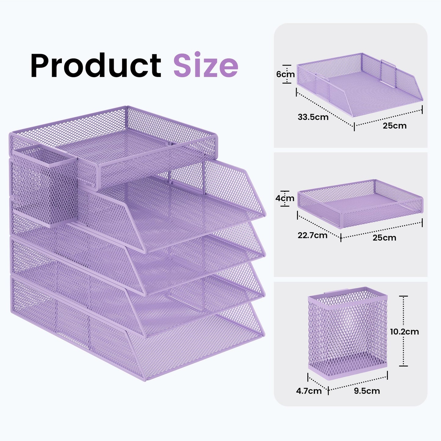 Marbrasse Desk Organizer with 1 Pen Holder, 5-Tier Stackable Paper Tray, Metal Mesh Desk Organizers and Storage for A4 Document, Paper Sorter, Letter Trays for School, Home, Office(Purple)