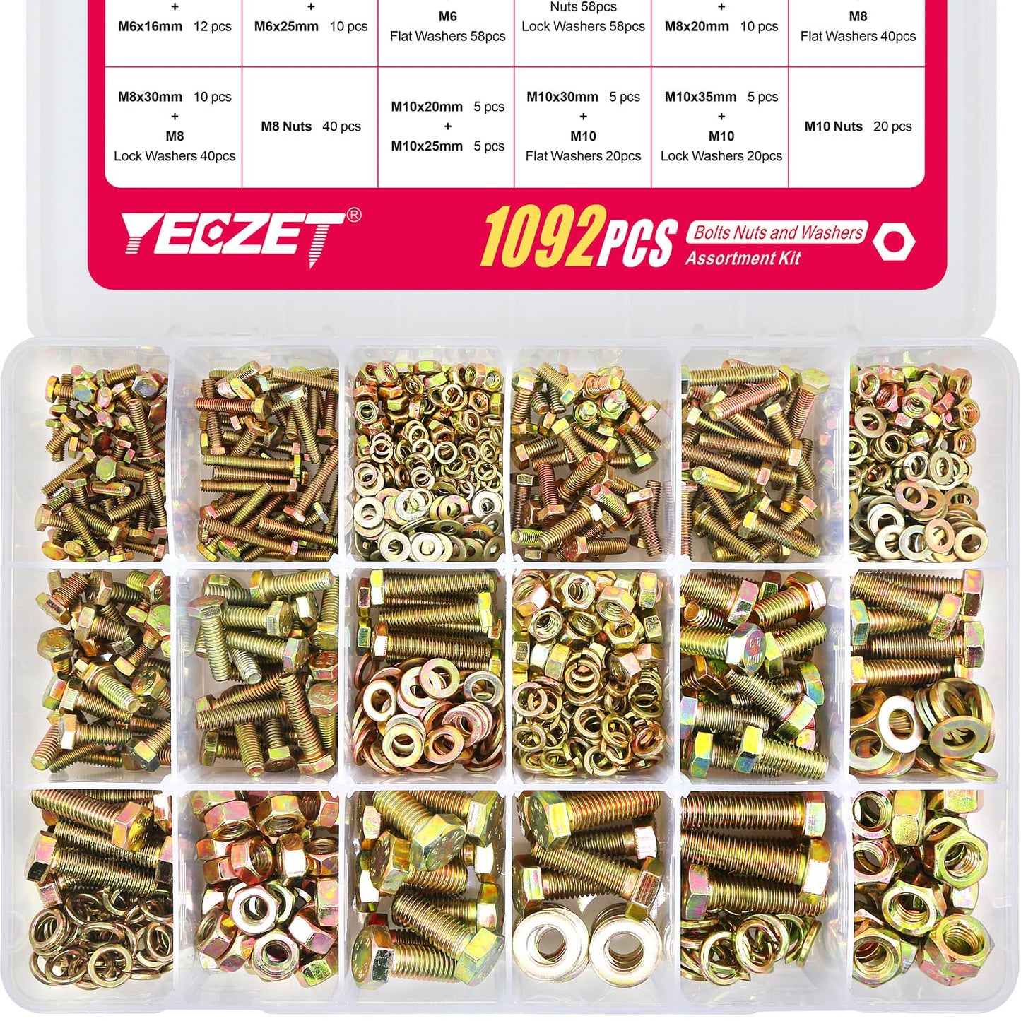 YEEZET 1092pcs M4 M5 M6 M8 M10 Metric Bolts and Nuts Kit,Grade 8.8 Heavy Duty Bolt Assortment Set,21 Most Common Sizes