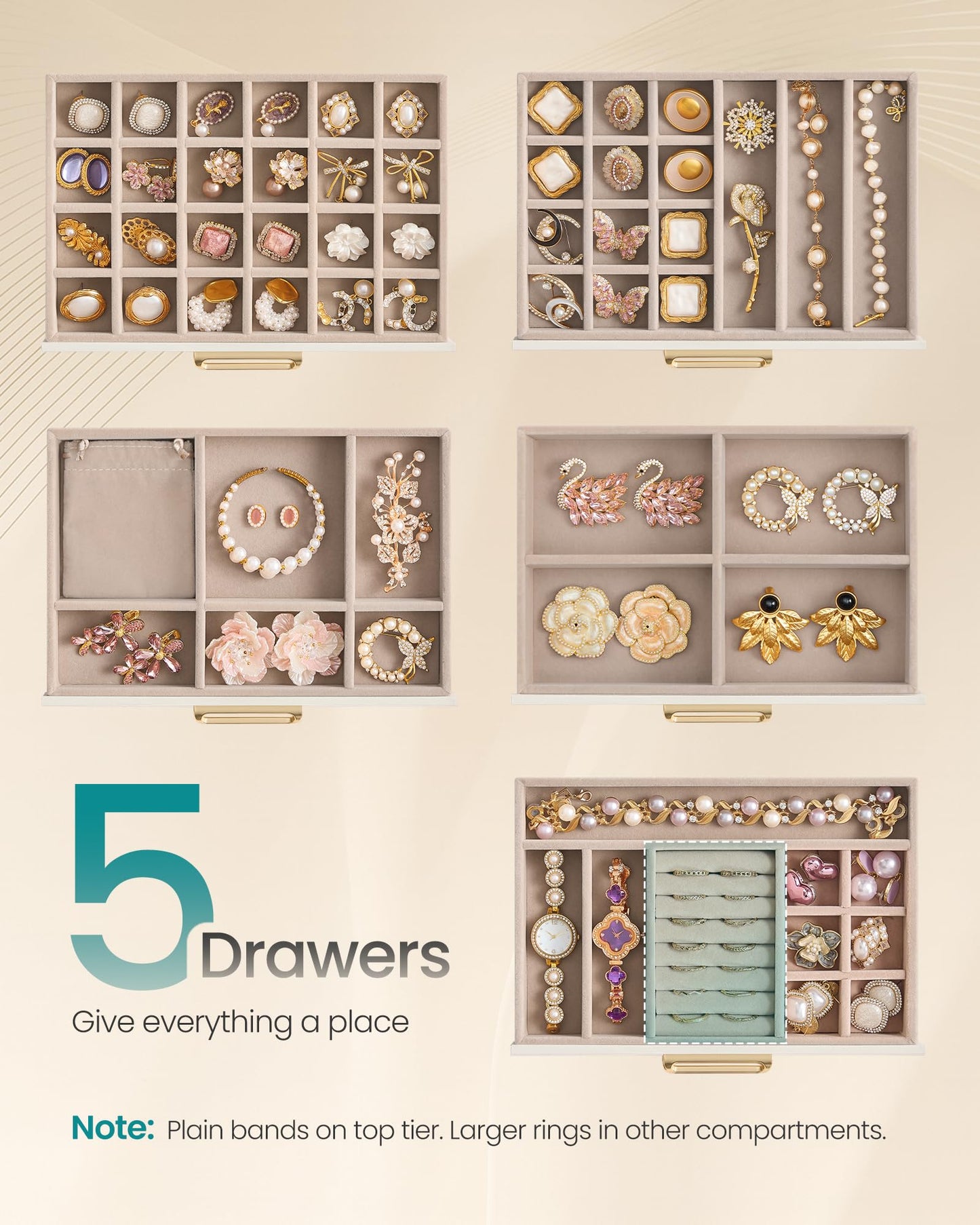 SONGMICS 5-Layer Jewelry Box with Glass Window, Jewelry Storage Organizer with 5 Drawers, Golden Handles, for Rings, Earrings, Bracelets, Gift Idea, Cream White, 6.8 x 9.4 x 7.2 Inches UJBC205WD01S