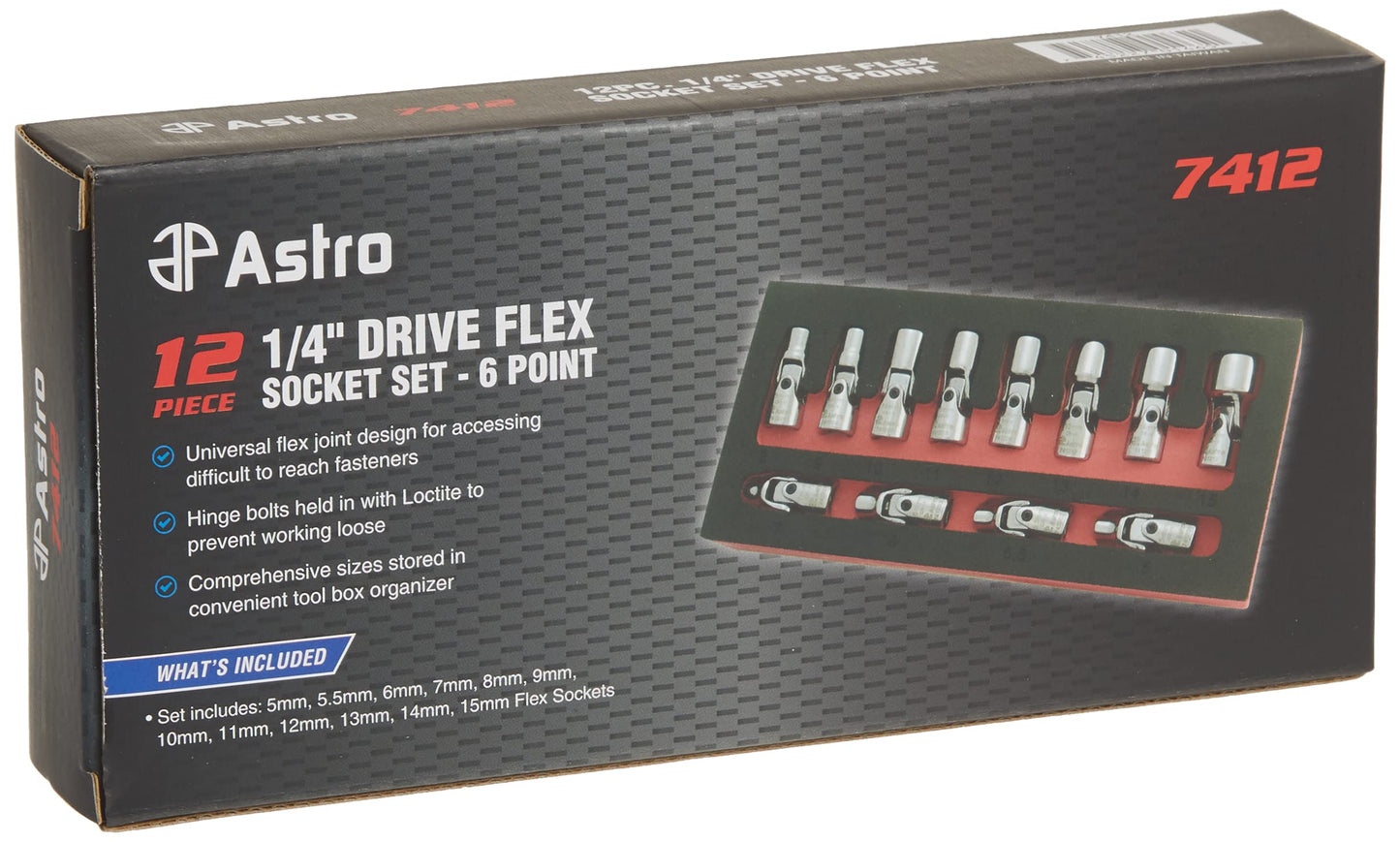 Astro Pneumatic 7412 1/4-Inch Drive Flex Socket Set, 6 Point - Metric, 12-Piece