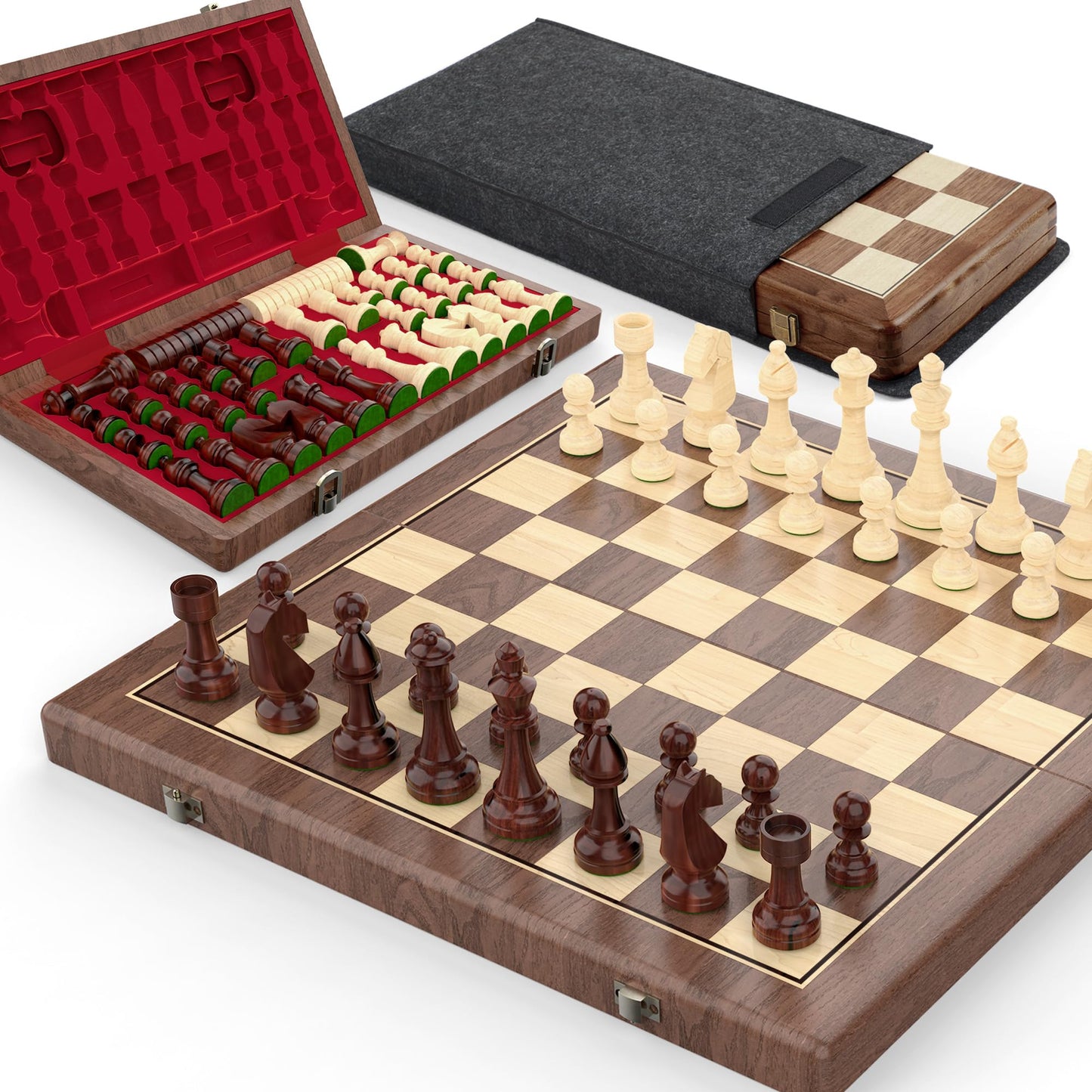15" Wooden Folding Chess & Checkers Set - 2 in 1 Board Game with 3" King Staunton Pieces and 2 Extra Queens (Walnut Wood+Red Shell)