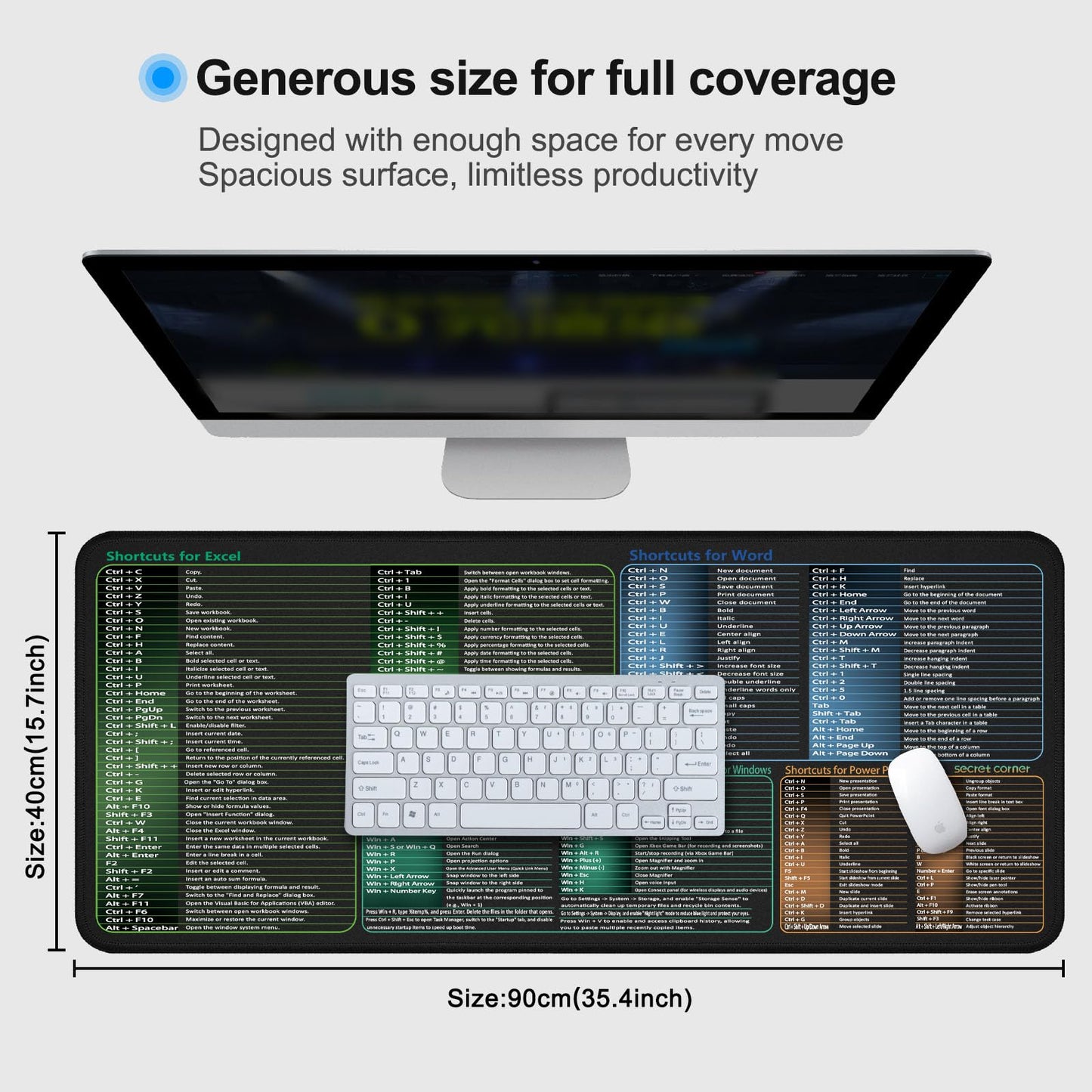 Secret Corner Excel/Word/Windows/PPT Cheat Sheet Mousepad, Extra Large Office Desk Accessories Mat, Keyboard Shortcuts Mouse Pad, Non-Slip Computer Gaming Desk Pad