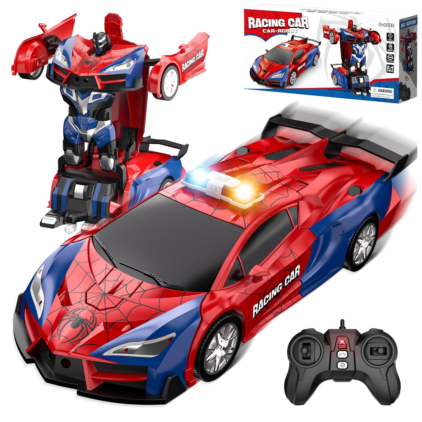 Spider Transform Remote Control Cars for Kids - 2.4GHz RC Police Car for 3 4 5 6 7 8 Year Old Boys, 1:18 Scale Robot Toy Car with One-Key Transformation & 360° Rotation, Kids Christmas Birthday Gifts