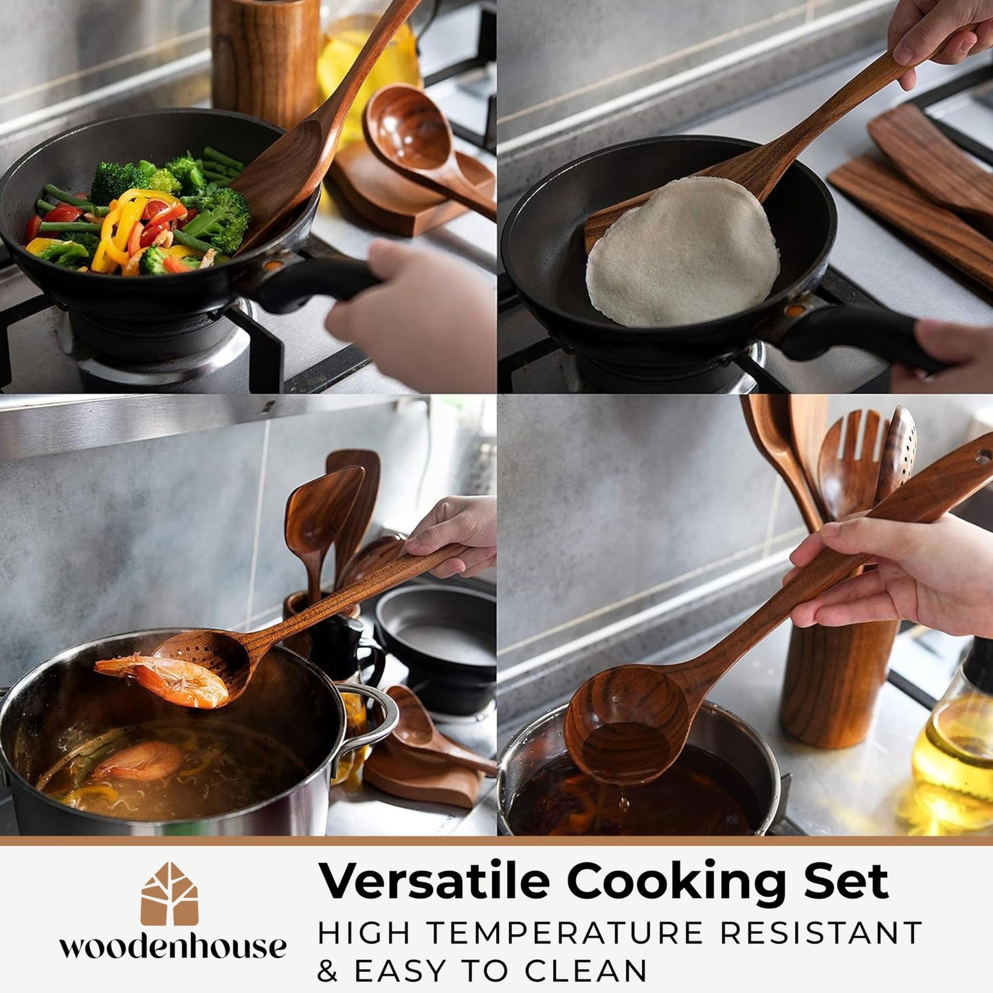 Wooden Spoons for Cooking – Wooden Cooking Utensils Set with Holder, Spoon Rest & Hooks, Teak Wood Nonstick Kitchen Cookware – Kitchen Utensil Set of 12pcs by Woodenhouse