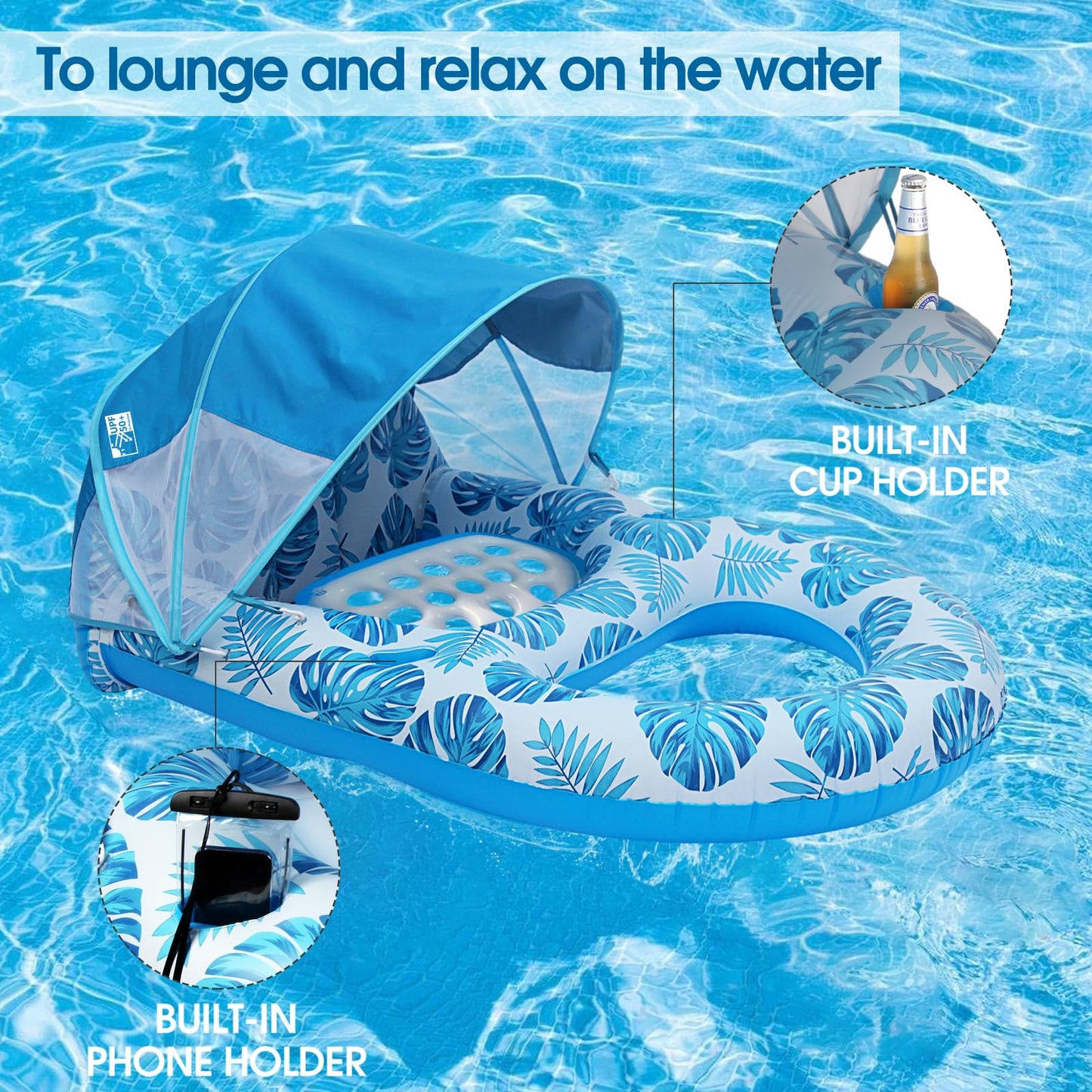 COOLCOOLDEE Pool Lounge Float with Canopy UPF50+,Extra Large Pool Floats for Adults Heavy Duty,Inflatable Lounger Float with Cup Holder & Backrest,Footrest