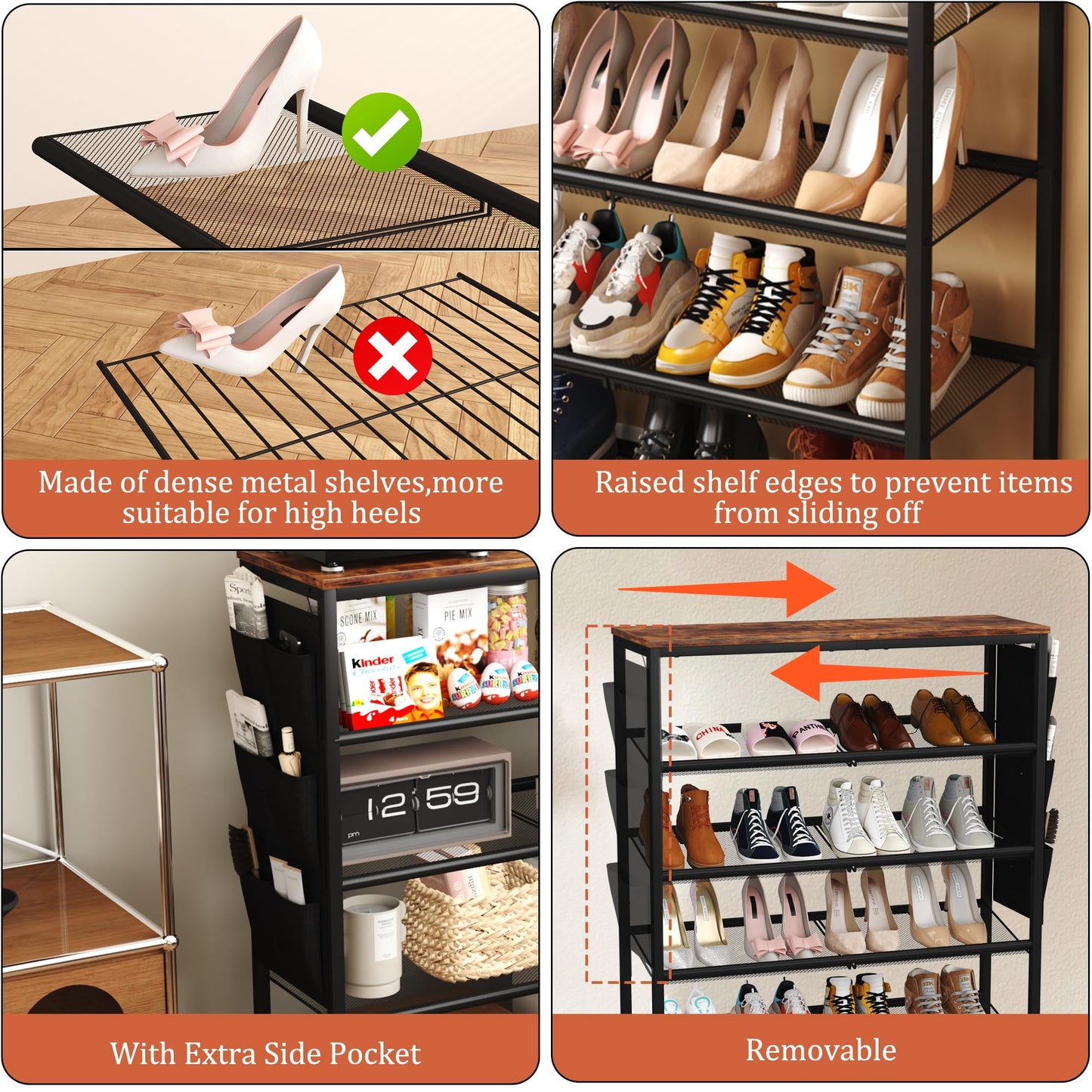 HOMEFORT Shoe Rack for Entryway,30" Metal 6 Tiers Shoe Shelf, Shoe Closet with Adjustable Mesh Shelves, Shoe Storage Organizer for 18-24 Pairs, Industrial Boot Stand with Side Pocket, Rustic Brown