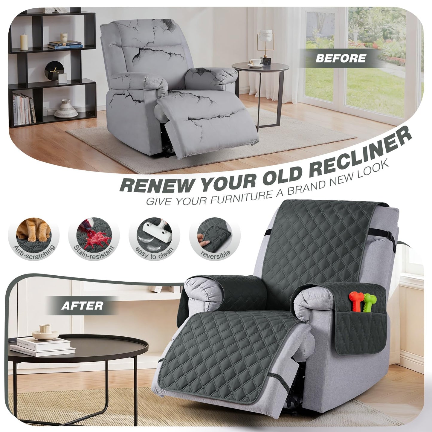 TAOCOCO 100% Waterproof Recliner Chair Covers, Recliner Sofa Covers with Leg Straps, Reversible Reclining Couch Cover for Recliner, Washable Couch Protector for Pets Kids(1 Seat 22", Dark Gray)
