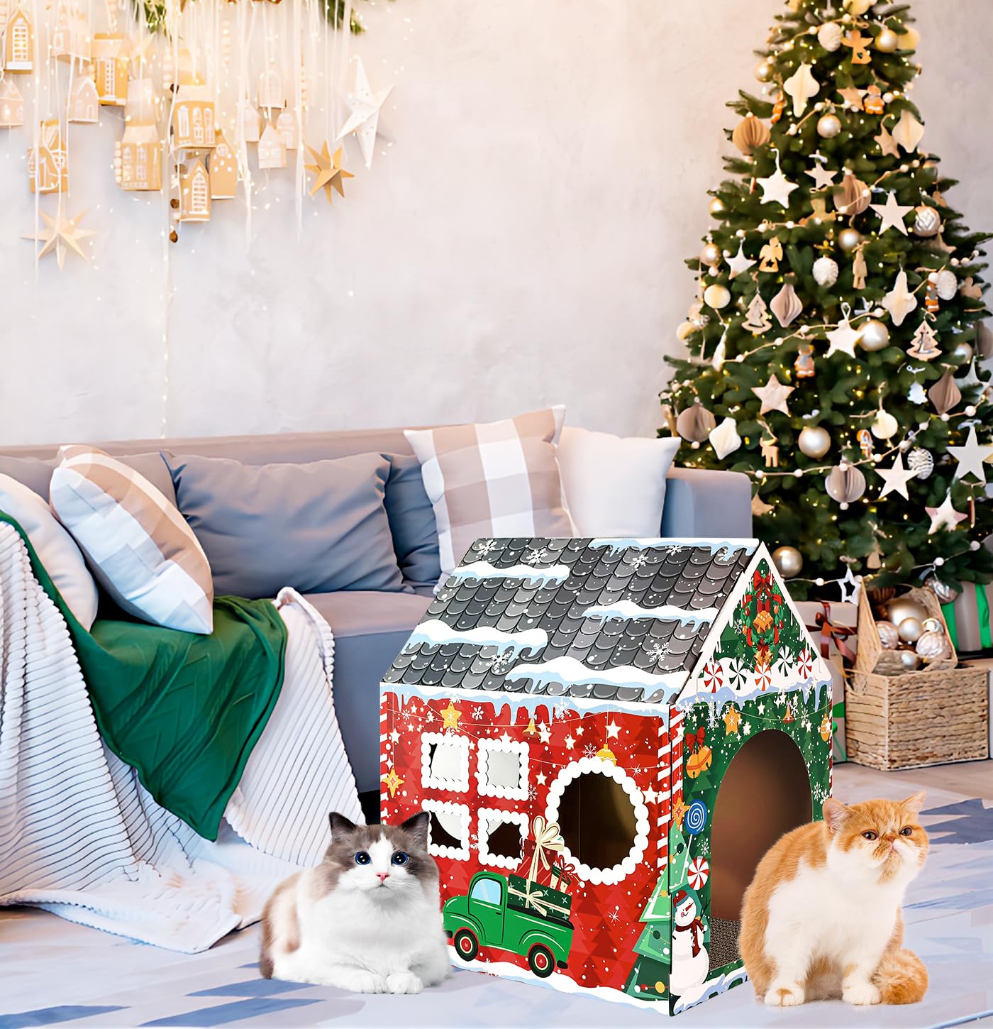 MUNILAIL Christmas Cardboard Cat House with Scratcher - 16.5" x 13" x 19" Cat Scratcher House for Indoor Cats
