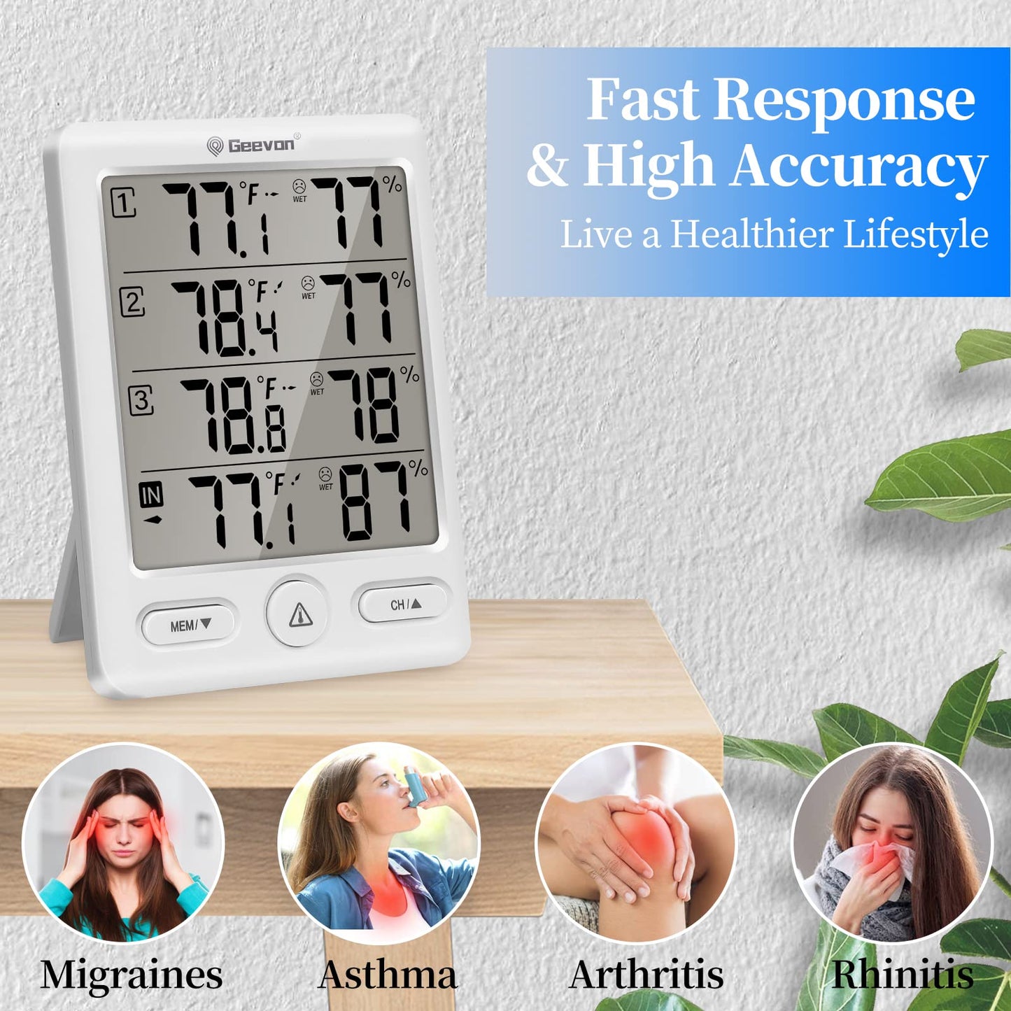 Geevon Indoor Outdoor Thermometer Wireless with 3 Remote Sensors, Digital Hygrometer Thermometer Temperature Humidity Monitor with Comfort Indicator, Temp Alarm, 60M/200FT Range for Home(White)