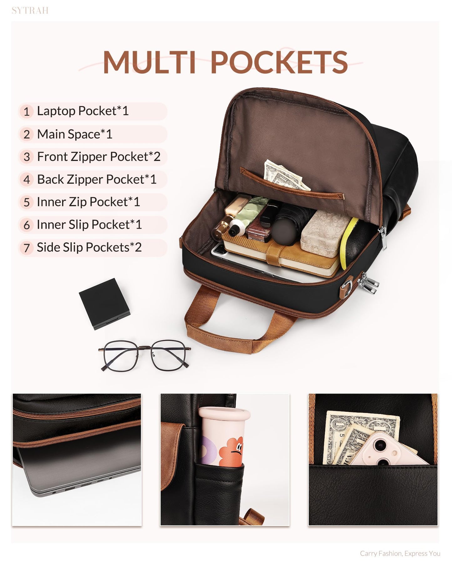 SYTRAH Leather Laptop Backpack 15.6 Inch Womens Laptop Bag, 3 IN 1 Computer Bag Handbag with Colorful Shoulder Bag Strap for Work Travel College Black Brown