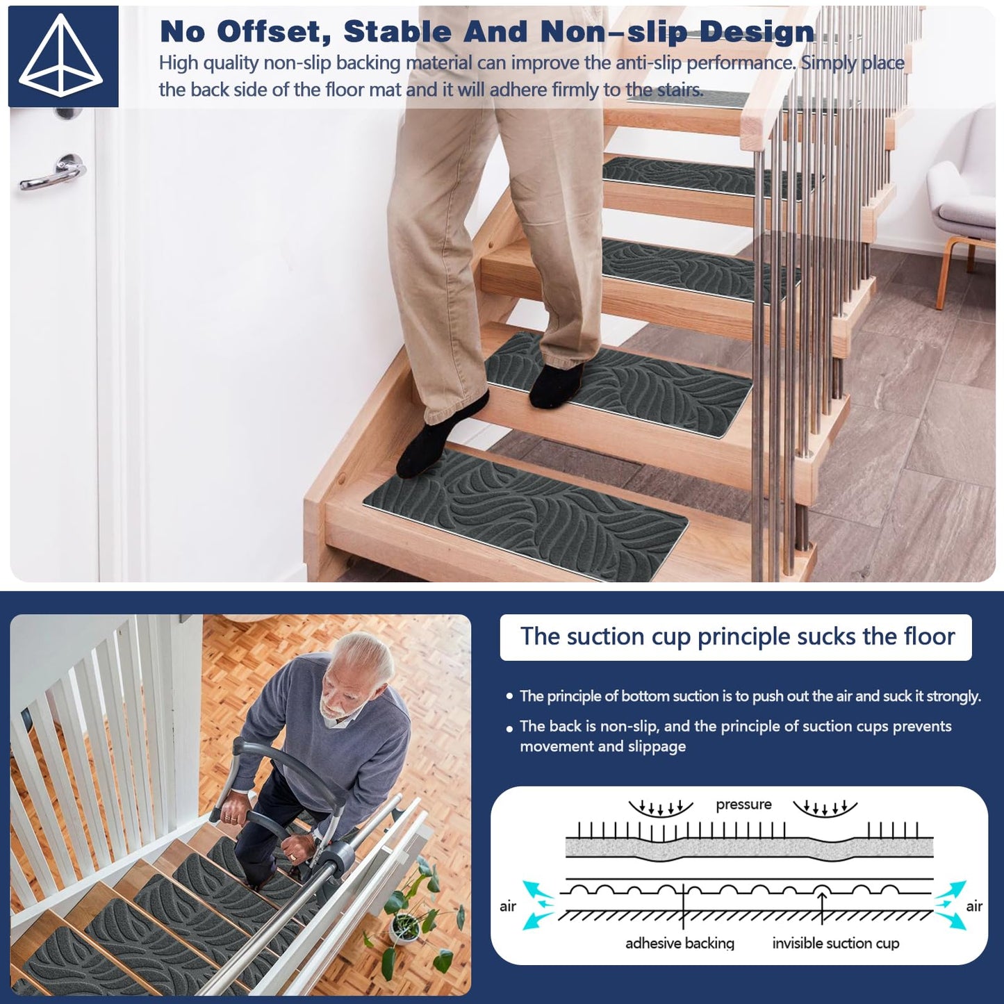 Non-Slip Stair Treads Carpet for Wooden Steps(15 Pack), 21.6 x 7.4IN Self-Adhesive Stair Treads Mat, JAYFAN Safety Indoor Stair Runner Mats, Anti Slip Stair Treads for Kids Elders and Dogs Pets