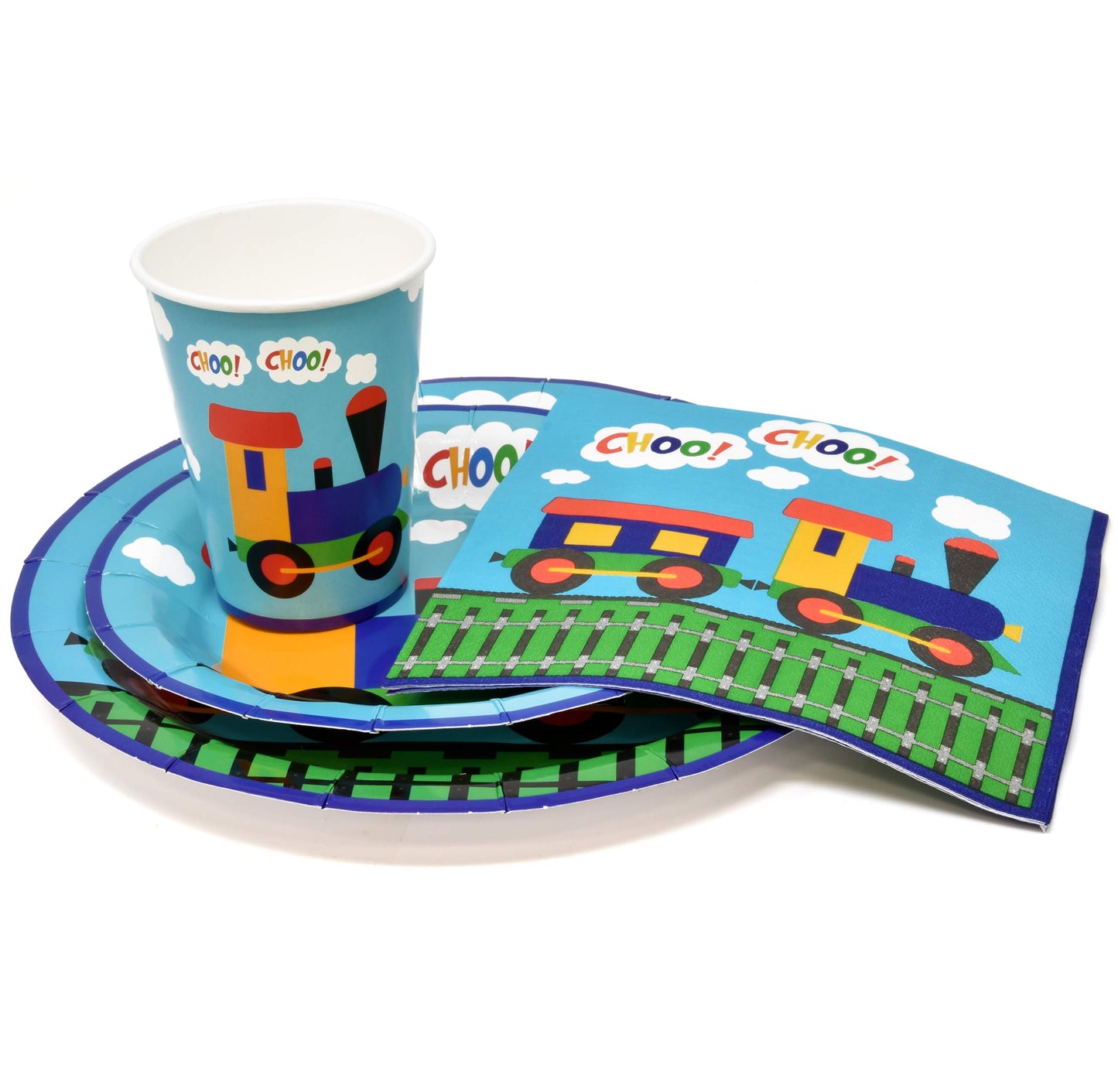Train Party Supplies Tableware Set 24 9" Plates 24 7" Plate 24 9 Oz. Cups 50 Lunch Napkins Disposable Paper for All Aboard Choo Choo Birthday Decorations Dinnerware Trains Theme Decoration Railroad