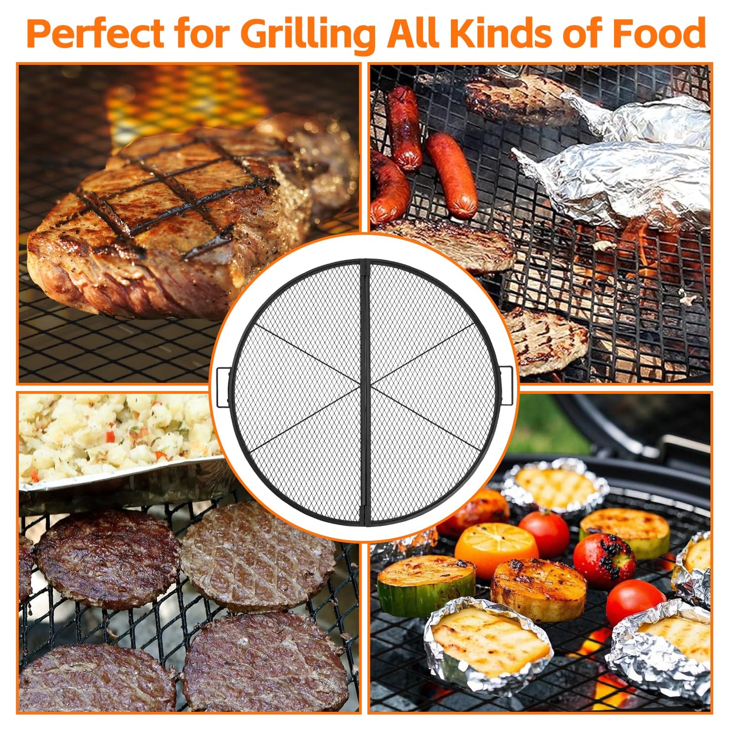 METORICO X-Marks Fire Pit Cooking Grill Grate with Support X Wire - Heavy Duty Folding Round Campfire Grill Grid - Portable Camping Cookware for Outside Party Gathering - 30 inch