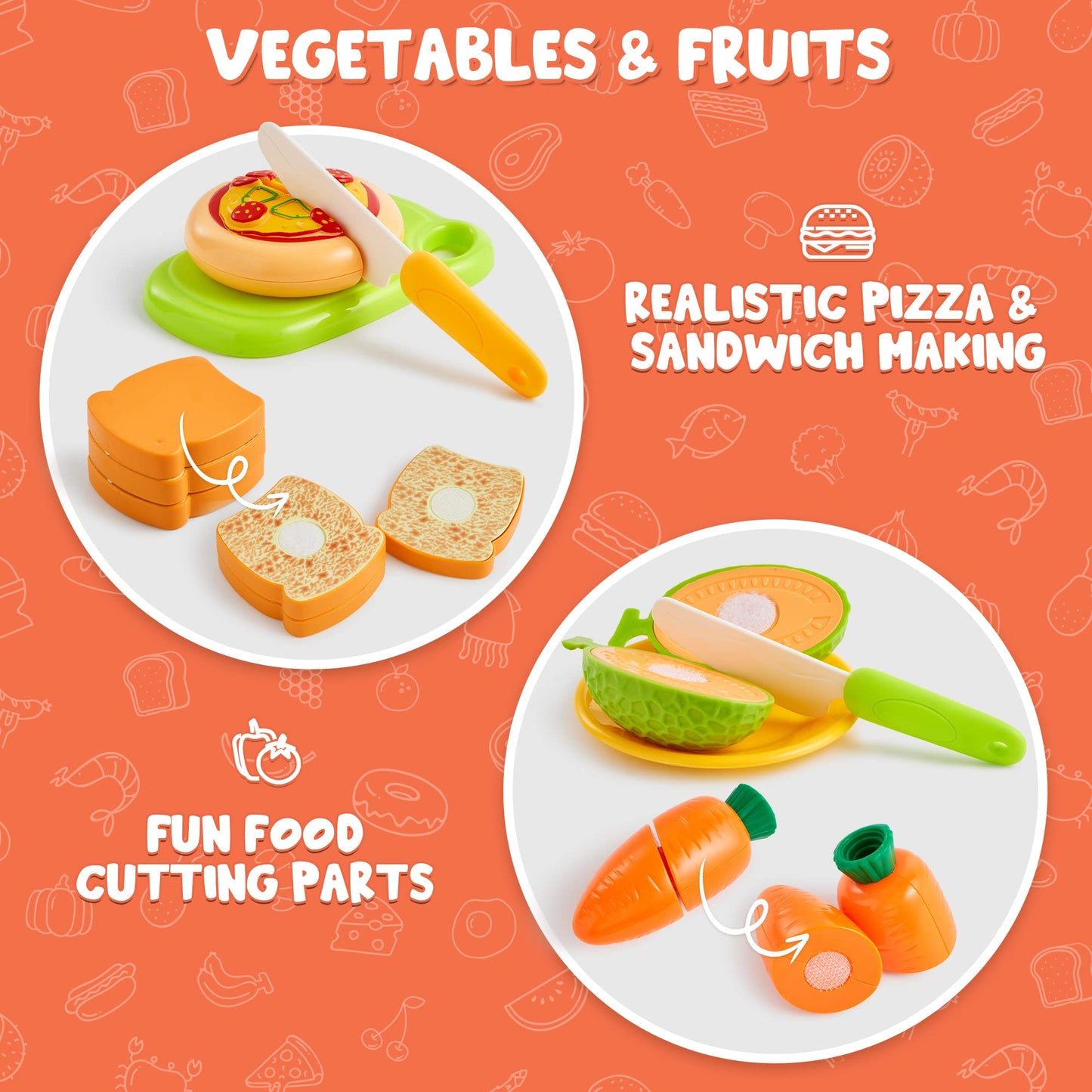 JOYIN 68Pcs Cutting Play Food Toy for Toddlers Kitchen, Fake Food for Kids Play Kitchen, Includes Plastic Fruit &Vegetables, Easter Basket, Mini Dishes and Knife, pretend role play Toys, Toddler Gifts