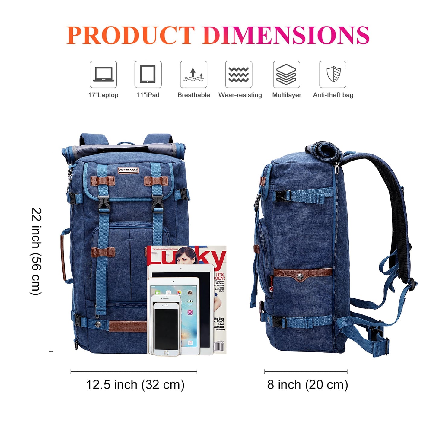 WITZMAN Canvas Backpack Vintage Travel Backpack Large Laptop Bags Convertible Shoulder Rucksack(A519-1 Classic Blue)