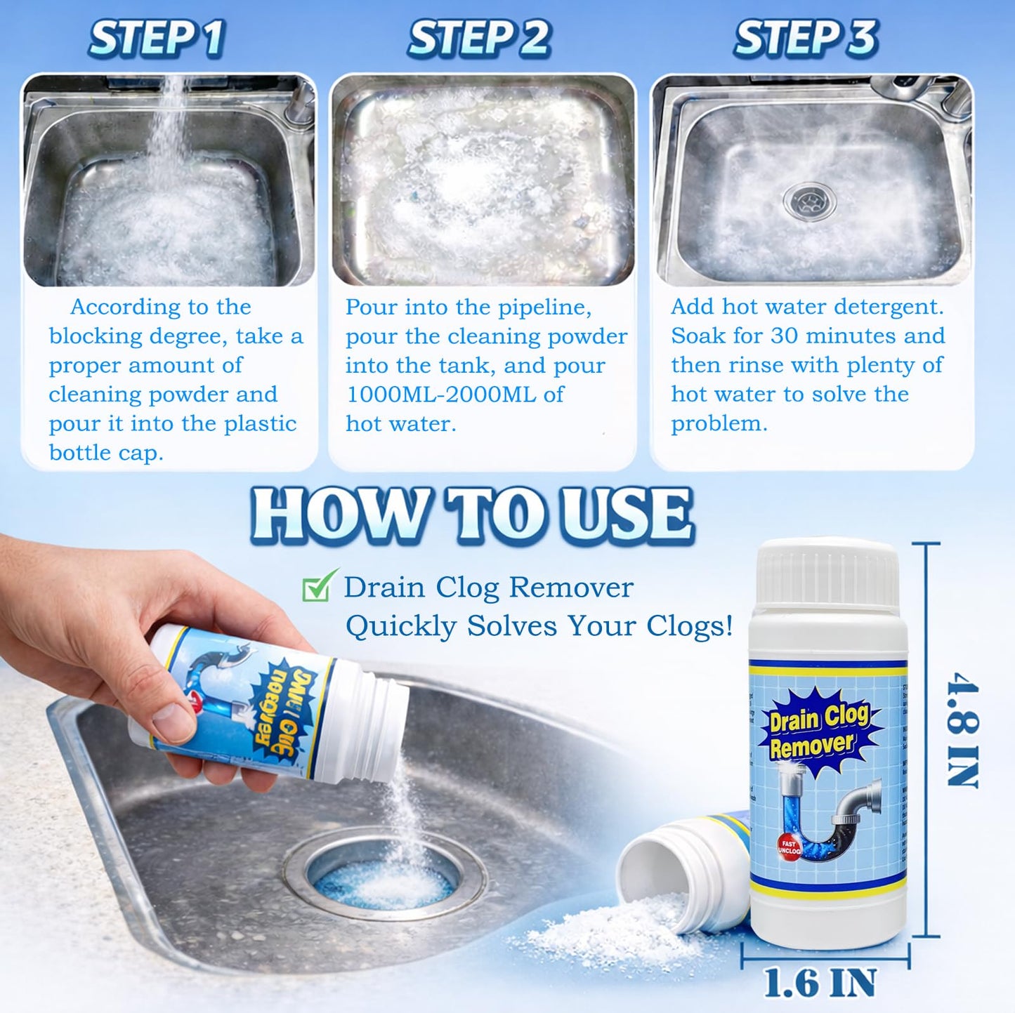 Sink and Drain Cleaner Powder Kit: Fast-Acting Clogged Pipe Opener for Kitchen Bathroom Pipes and Floor Drains - Drain Clog Remover for Routine Home Plumbing Maintenance (440 g)