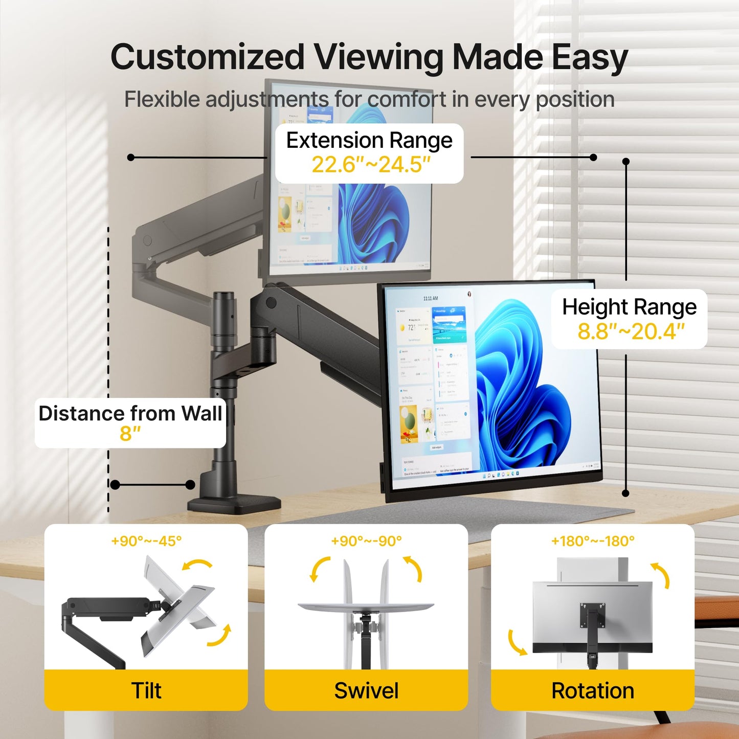 monTEK Tall Single Monitor Arm for 17 to 45 Inch Curved Screen Adjustable Upgraded Heavy Duty Ultrawide Monitor Arm Holds 35 Lbs Cable Management with C Clamp, Grommet Base, VESA 75/100mm, MA1007PBK
