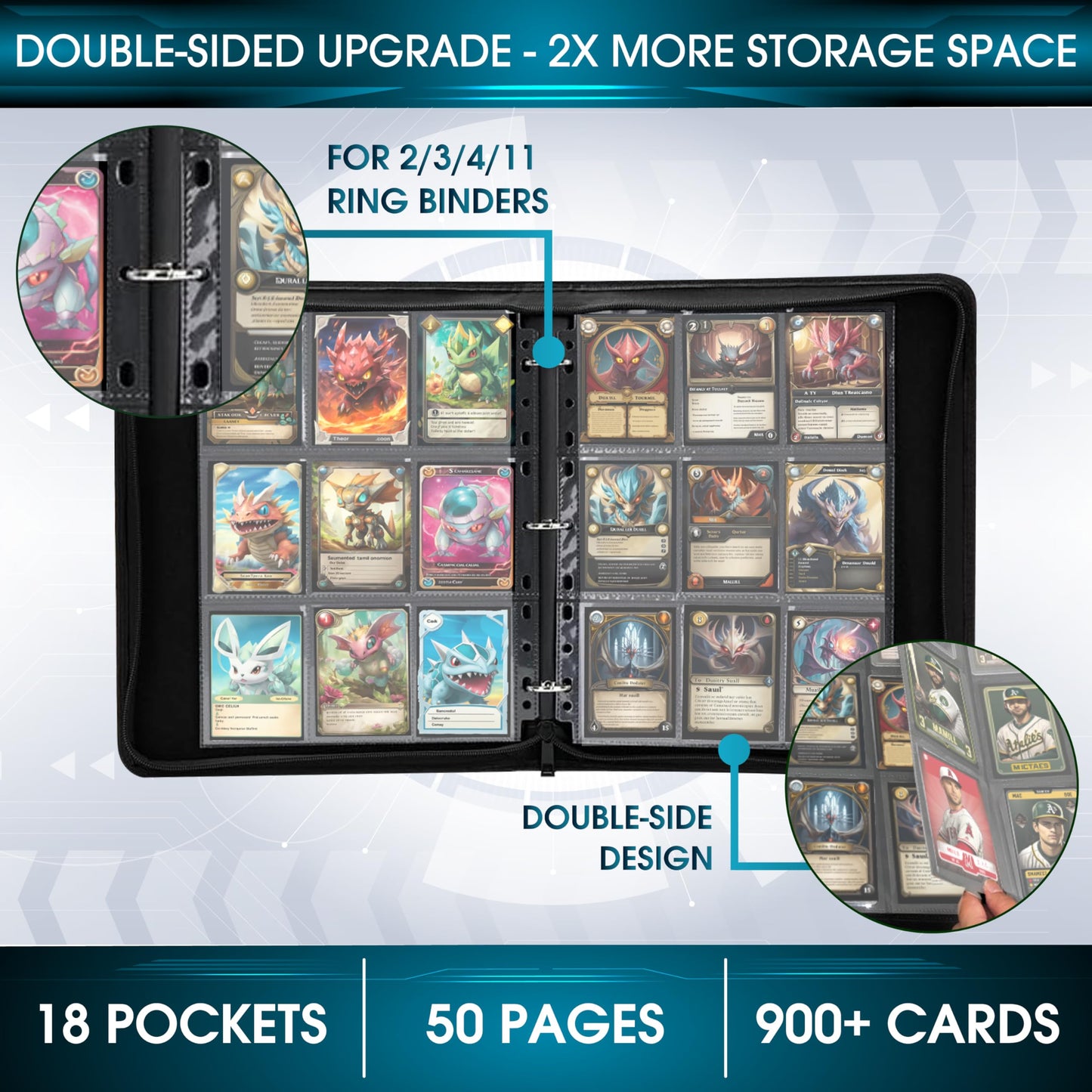 ROTHRATHER 100 Pack 1800 Black Pockets Trading Card Sleeve Pages - Baseball Card Sleeves for 3 Ring Binders - Standard Size Sheet Protectors for Trading, Sports, Game, and Photo Cards