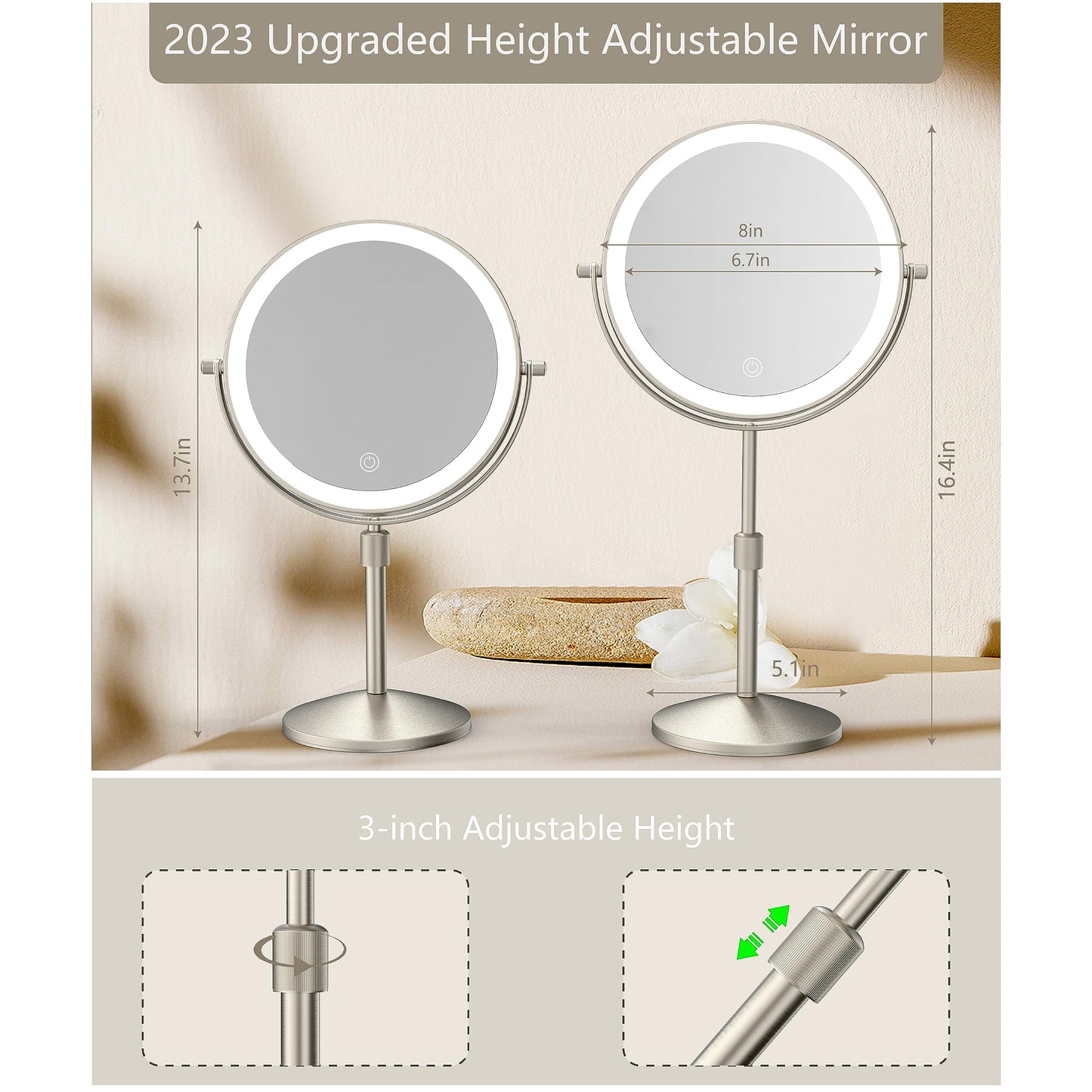 MIROAMZ 8" Lighted Makeup Mirror, 1X/10X Magnification with Light, Double Sided Dimmable, Rechargeable & Brightness & Height Adjustable, Cordless Vanity(Brushed Nickel)