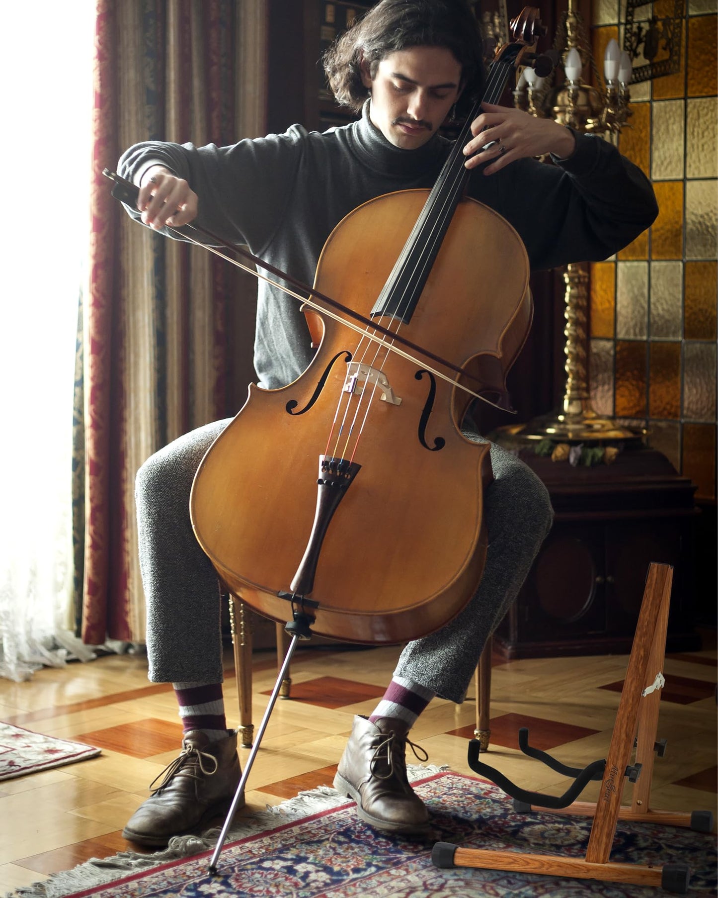 Musbeat Cello Stand, A-Frame Cello Stand with Bow Holder for Cello Display, Handcrafted Wooden Cello Stand with Padded Foam, Zebra Wood Floor Cello Stand for 1/2, 3/4, 7/8, Full-Size Cello, Guitar