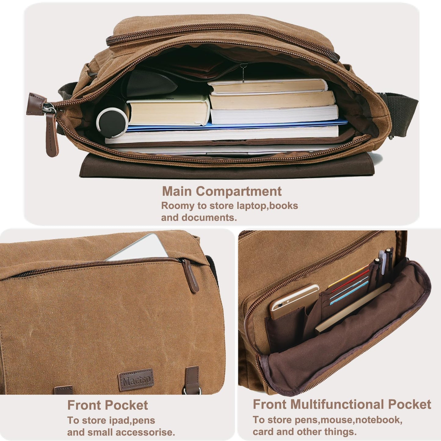 Vintage Messenger Bag 15.6 Inch Laptop for Men Women,Travel Crossbody Shoulder Purse Canvas Briefcase Work Office College (Coffee-Upgrade)