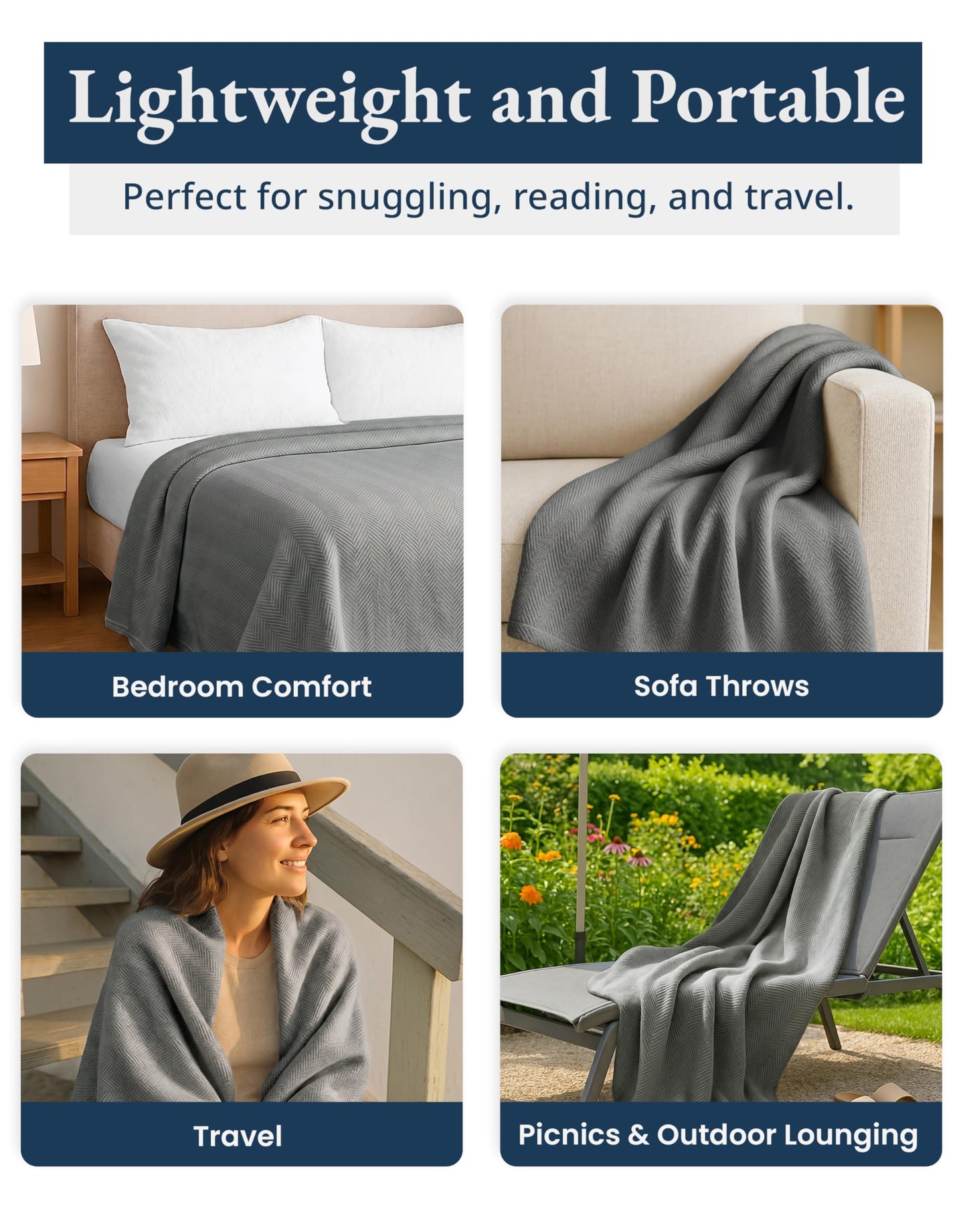 Lane Linen Bed Blankets Queen Size – 100% Cotton Blanket for Couch & Bed, Classic Woven Texture, Soft & Breathable Summer Blanket, Lightweight & Cozy Throw, 90"x90" – Navy