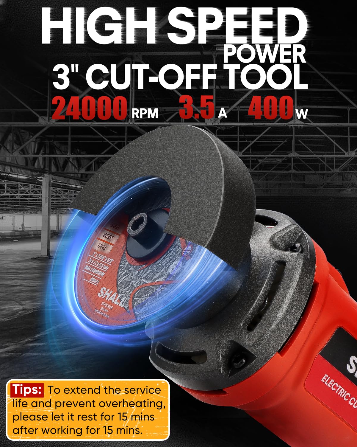 SHALL 3 Inch High-Speed Cut Off Tool, 3.5 Amp Metal Cutter Tool with 3Pcs Multifunctional Cutoff Wheels, 24000RPM Electricl Metal Cutting Tools for Steel, Inox, PVC, Aluminum
