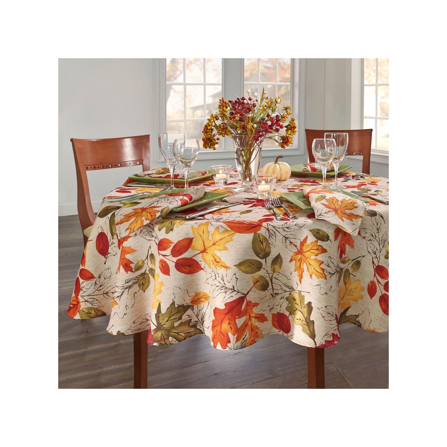 "Elrene Home Fashions Autumn Leaves Fall Printed Tablecloth, 70" Round, Multi", "70" round (tablecloth)"