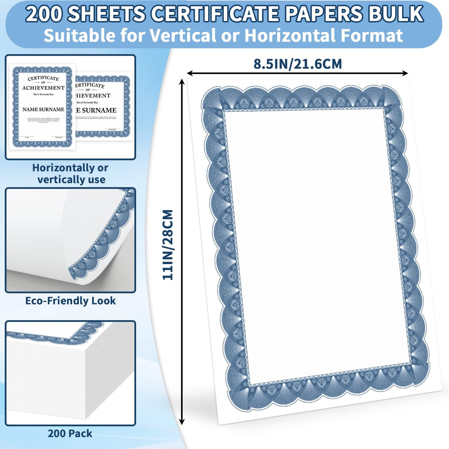 200 PCS Certificate Paper 8.5 x 11 for Printing, Customizable Blank Award Certificates, Diploma Paper with Border for Graduation, Achievement Award, Recognition Document, Navy Blue Floral