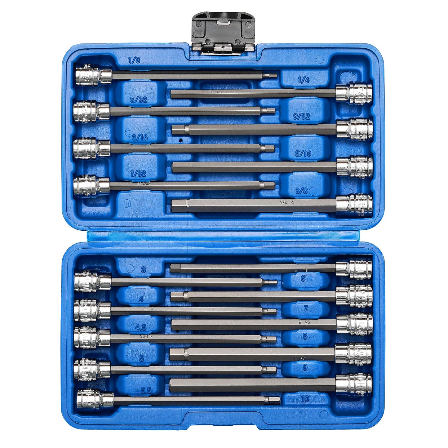 Mayouko 3/8" Drive Extra Long Allen Hex Bit Socket Set, S2&CR-V, Metric&SAE, 18 Pieces, 1/8" - 3/8", 3-10 mm